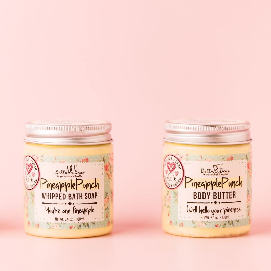 Bella & Bear Pineapple Body Butter - Hydrating & Nourishing Vegan Moisturizer, Travel Size 3.4oz - Perfect for Dry Skin Care, On-the-Go Hydration & Tropical Spa Experience