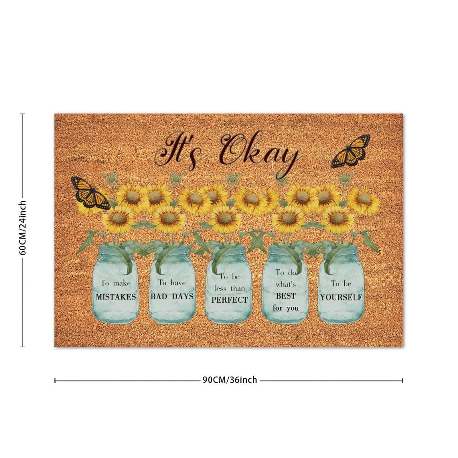 Rustic Coir Door Mat with Non-Slip Rubber Back - 24x36in Sunflower Design & Positive Motivational Quote 'It's Okay to Make Mistakes' - Perfect Entryway Welcome Mat for Home, Office, or Gift - Durable & Customizable
