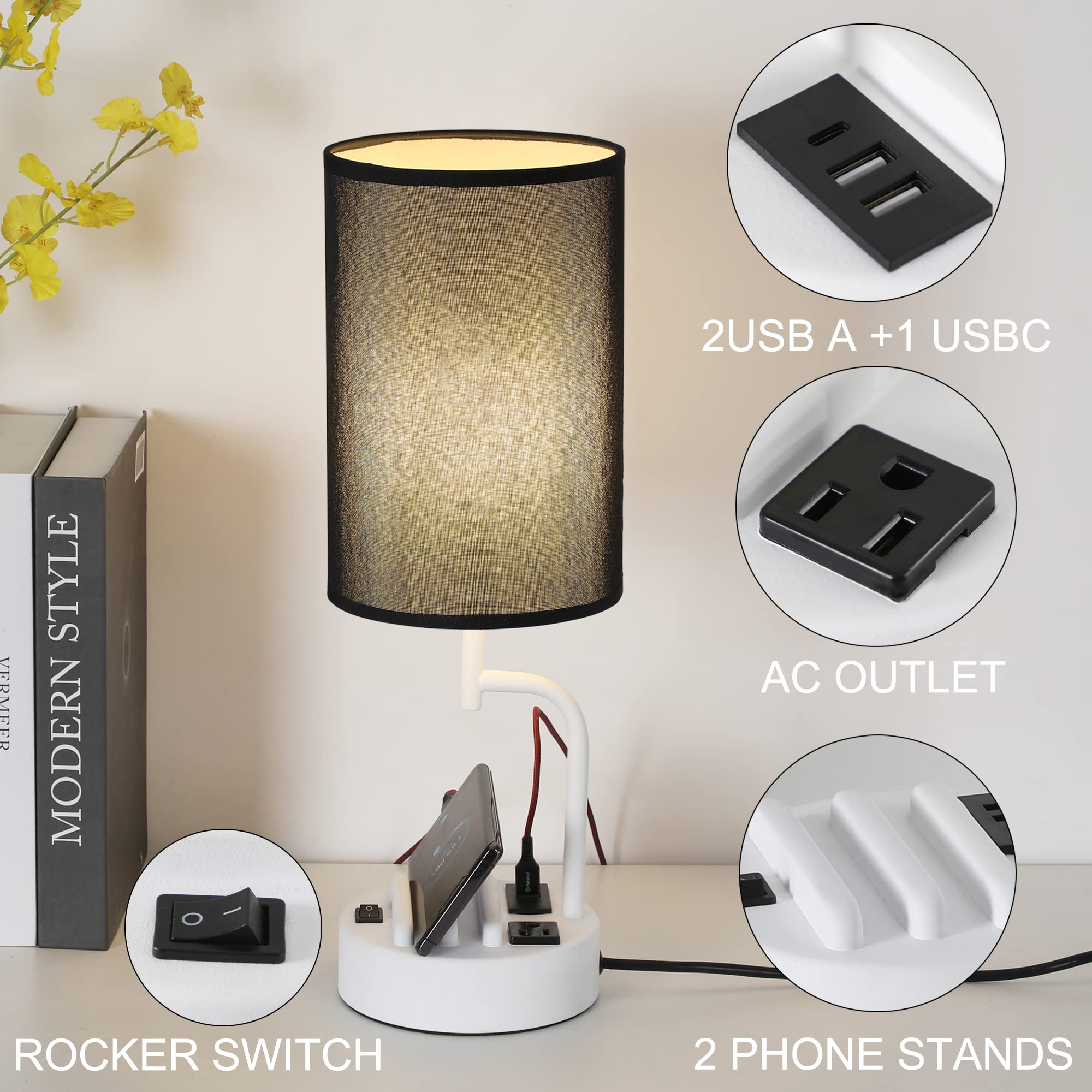 Dreamholder Modern Table Lamp with 3 USB Ports & AC Outlet - Dual Phone Stands, Adjustable Brightness Night Light for Bedroom, Living Room, Office - Set of 2 (White & Black) | Perfect for Charging Devices, Reading & Home Decor