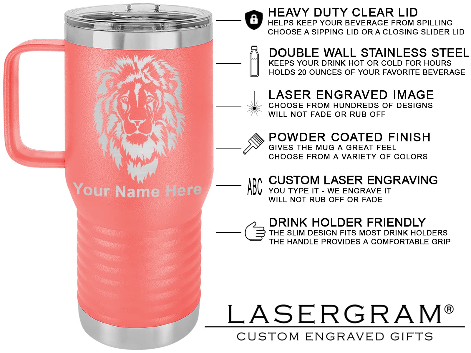 LaserGram 20oz Vacuum Insulated Stainless Steel Travel Mug with Handle - Personalized Engraving, Guatemala Flag Design (Coral) - Perfect for Coffee, Tea & Hot/Cold Beverages On-The-Go