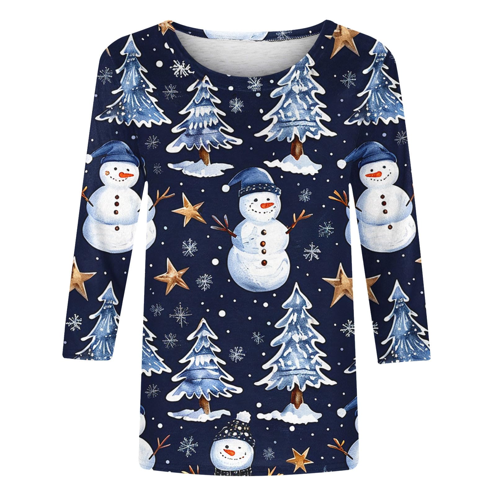 Jiemuxiu Women's Christmas 3/4 Sleeve Crewneck T-Shirt - 2024 Holiday Trendy Casual Top with Cute Bear & Christmas Tree Print - Perfect for Xmas Parties, Family Gatherings & Winter Outfits