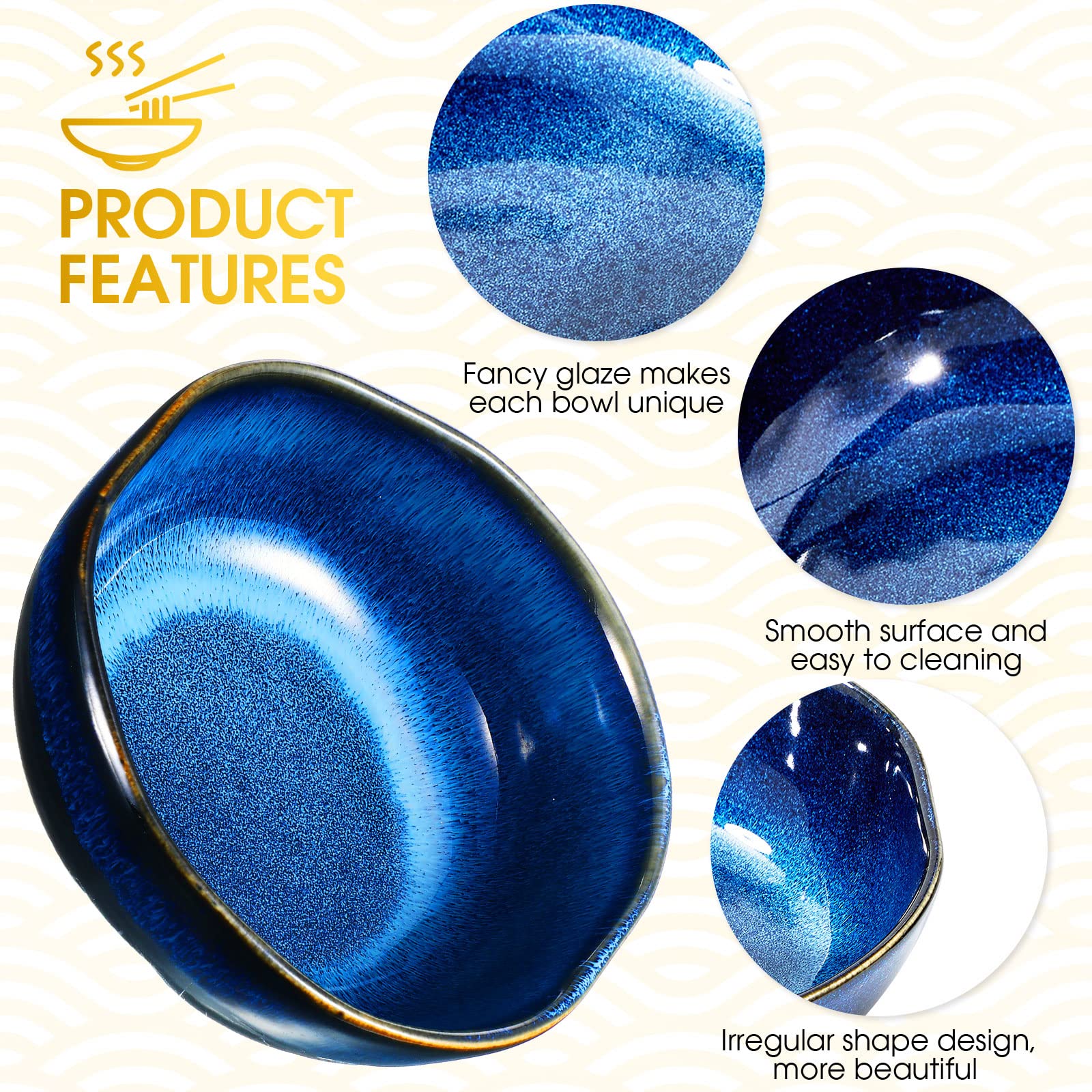 3-Piece Ceramic Salad Bowls Set - Blue Mixing & Serving Bowls for Ramen, Soup, Pasta & Noodles - Microwave & Dishwasher Safe Porcelain Bowls (13oz, 27oz, 47oz) - Perfect for Home Dining, Meal Prep & Nesting Storage