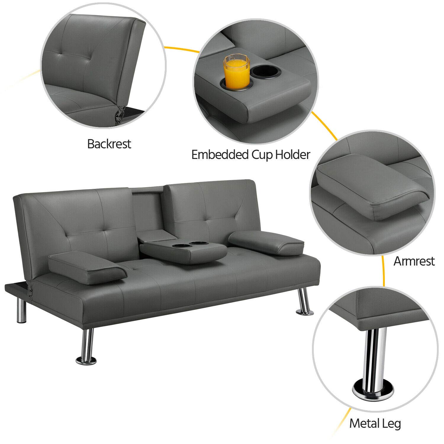 Modern Convertible Sofa Bed Sleeper - Faux Leather Futon Couch with 2 Cup Holders & Gray Armrest - Space Saving Living Room Furniture for Small Apartments, Guest Rooms and Home Offices