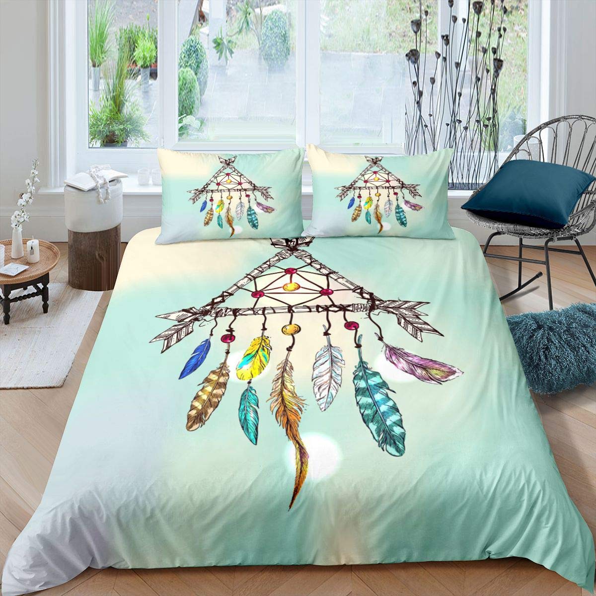 Boho Dreamcatcher Bedding Set for Girls & Kids - Twin Size Comforter Cover with Feather Print, 2-Piece Bohemian Duvet Set for Bedroom Decor | Perfect for Kids' Room, Nursery, or Boho-Themed Bedroom