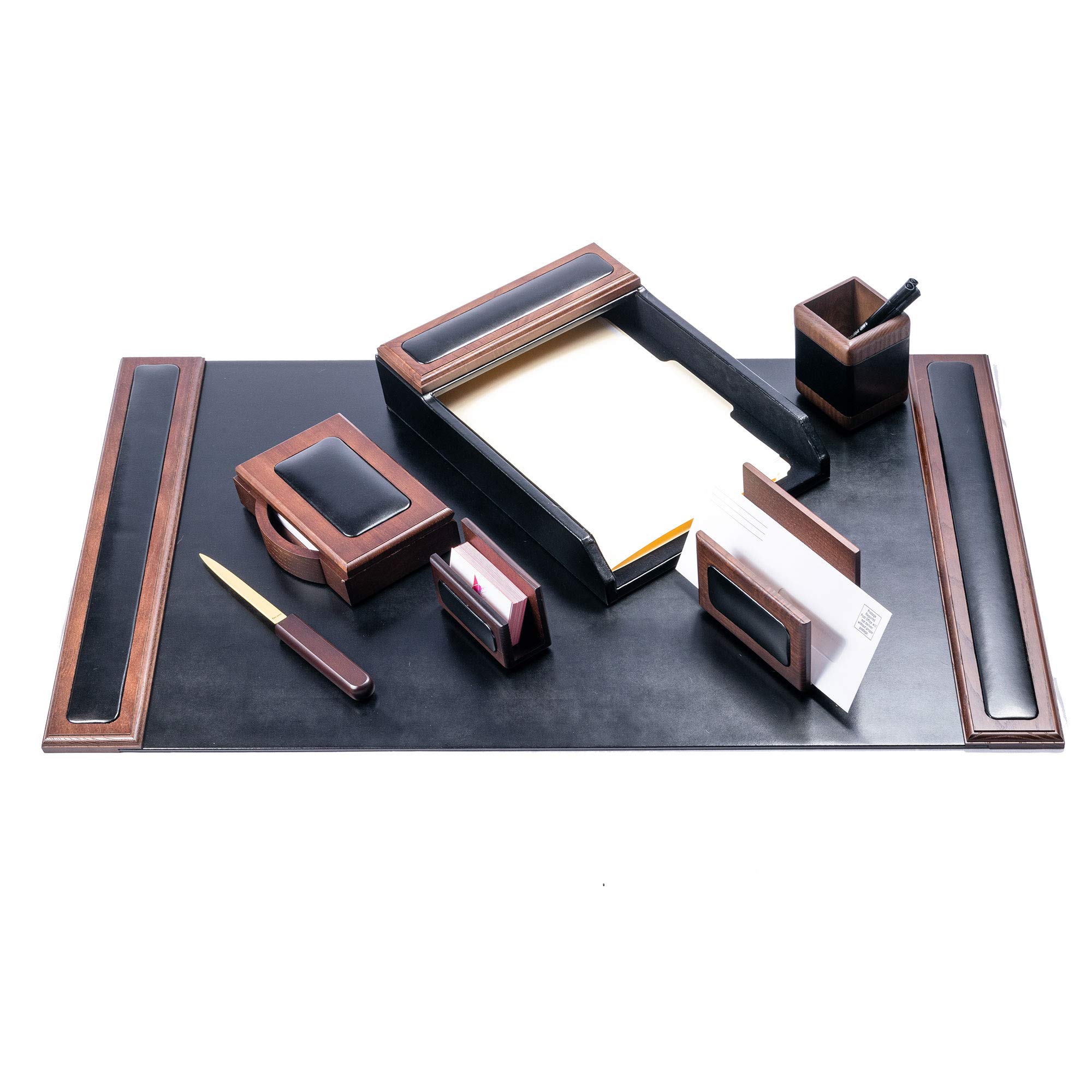 Premium Dacasso Wood & Leather Desk Set - Luxury Leather Desk Pad & Office Organizer with Walnut Wood & Black Leather (7-Piece) - Perfect for Executive Desks, Home Office & Professional Workspaces