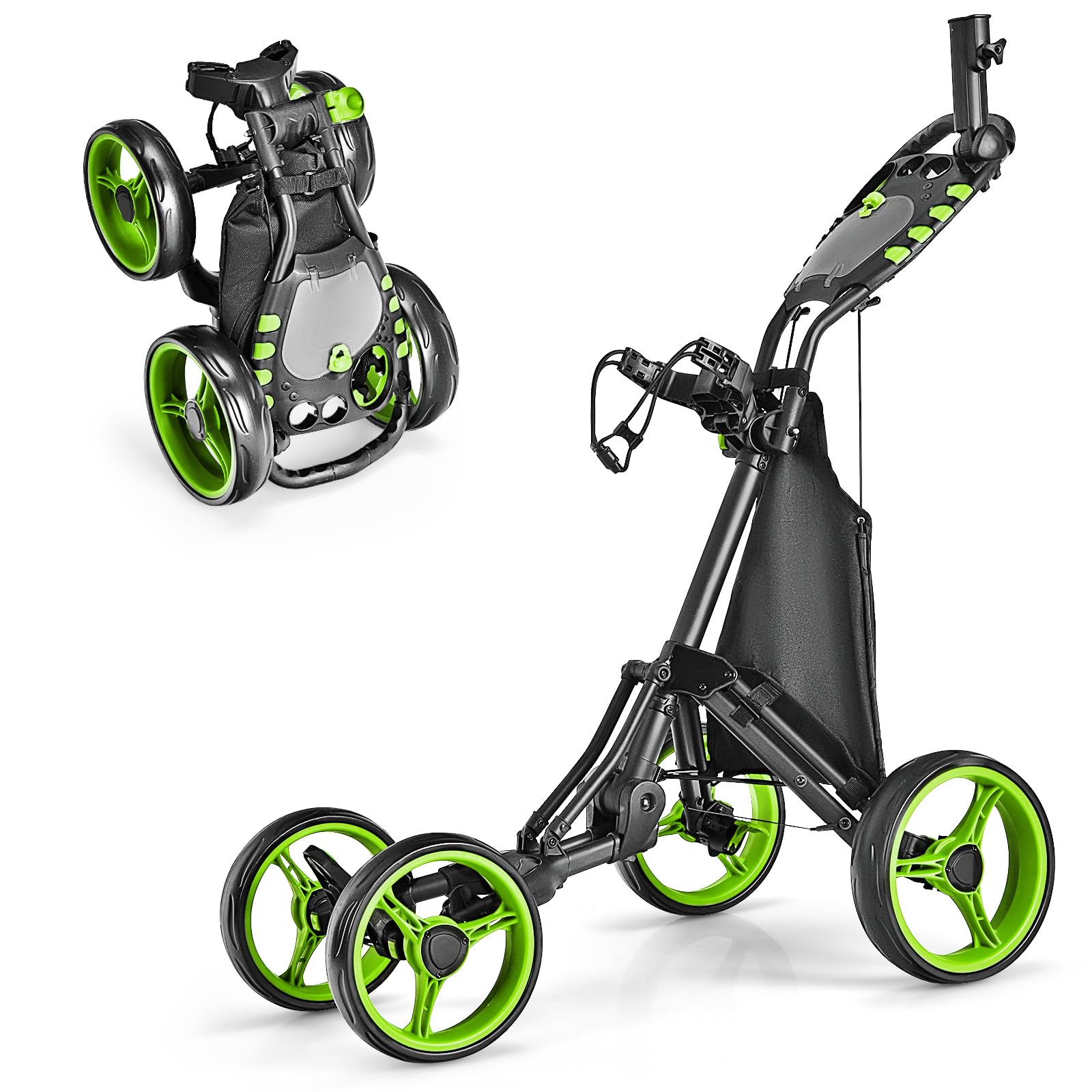 Ultimate 4 Wheel Golf Push Cart - Lightweight Folding Golf Trolley with Scorecard Holder, Cup Holder, Umbrella Mount & Cooler Bag | Adjustable Handle, Foot Brake & Elastic Strap for Golf Bag | Perfect for Course Rounds, Practice Sessions & Tournament Play