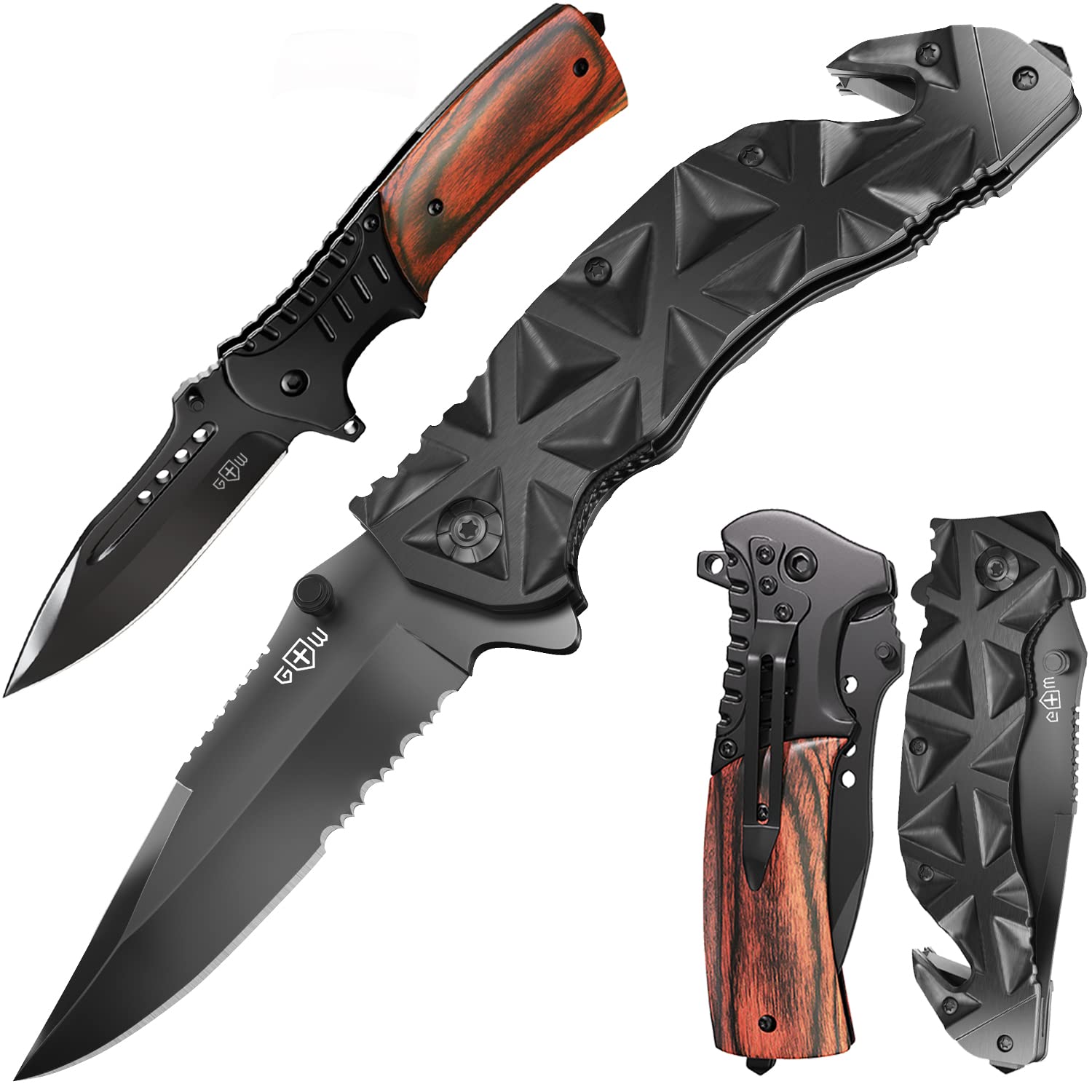 GRAND WAY 2-Pack Black Pocket Knife with Serrated 3.5