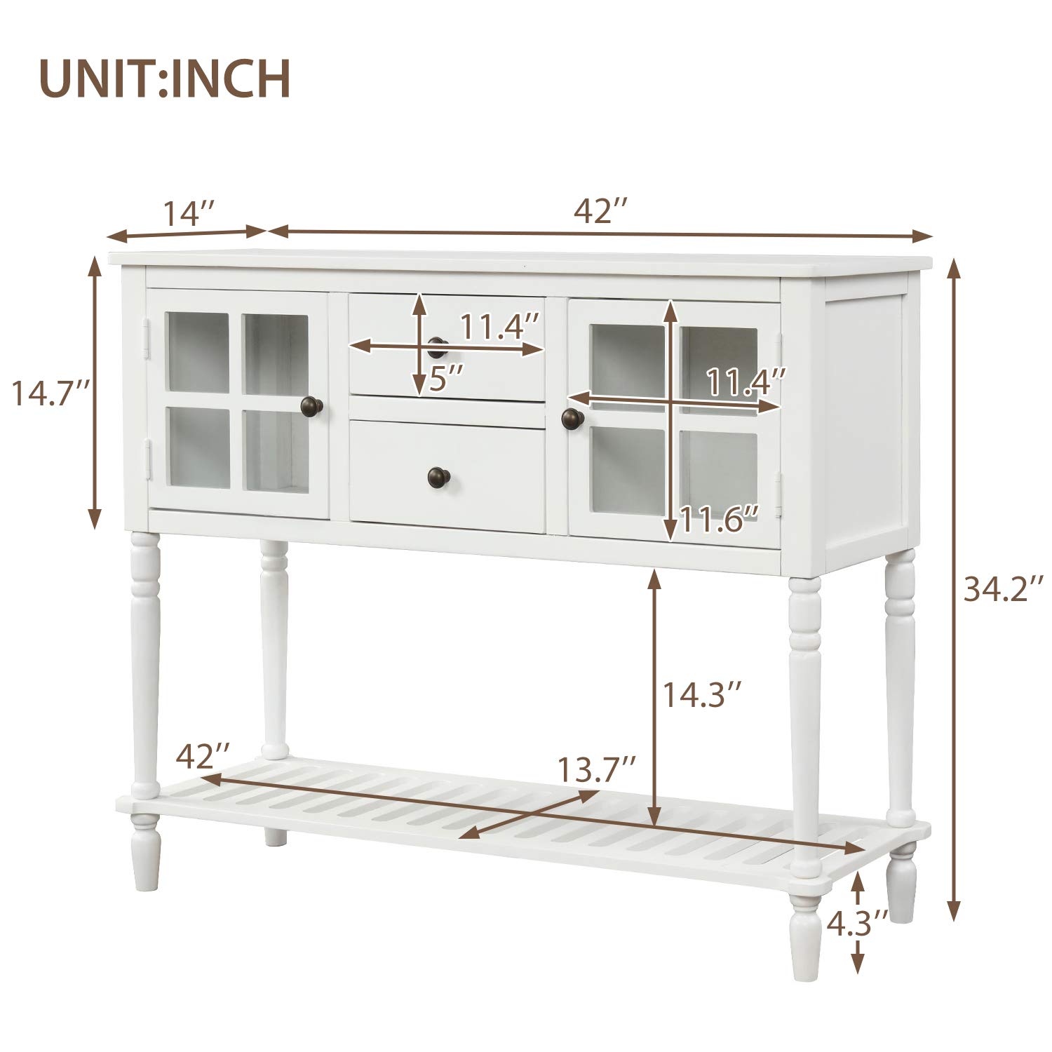 Farmhouse Style Sideboard Console Table with Glass Top and Bottom Shelf - Entryway Sofa Table, Buffet Storage Cabinet for Living Room, Hallway & Dining Room - White