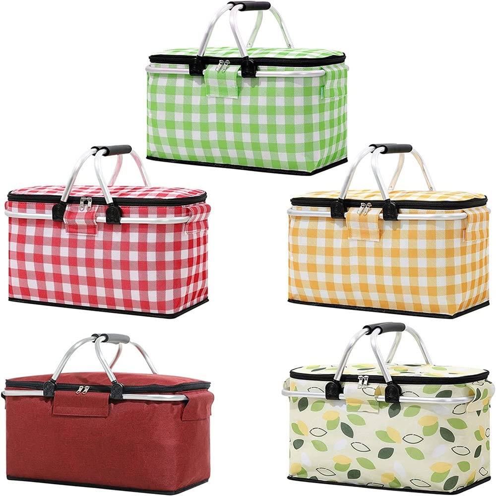 WMHHN Large Insulated Picnic Basket - Water Resistant & Leakproof Collapsible Cooler Bag with Aluminum Handle for Travel, Camping, Beach & Grocery Shopping (Red)
