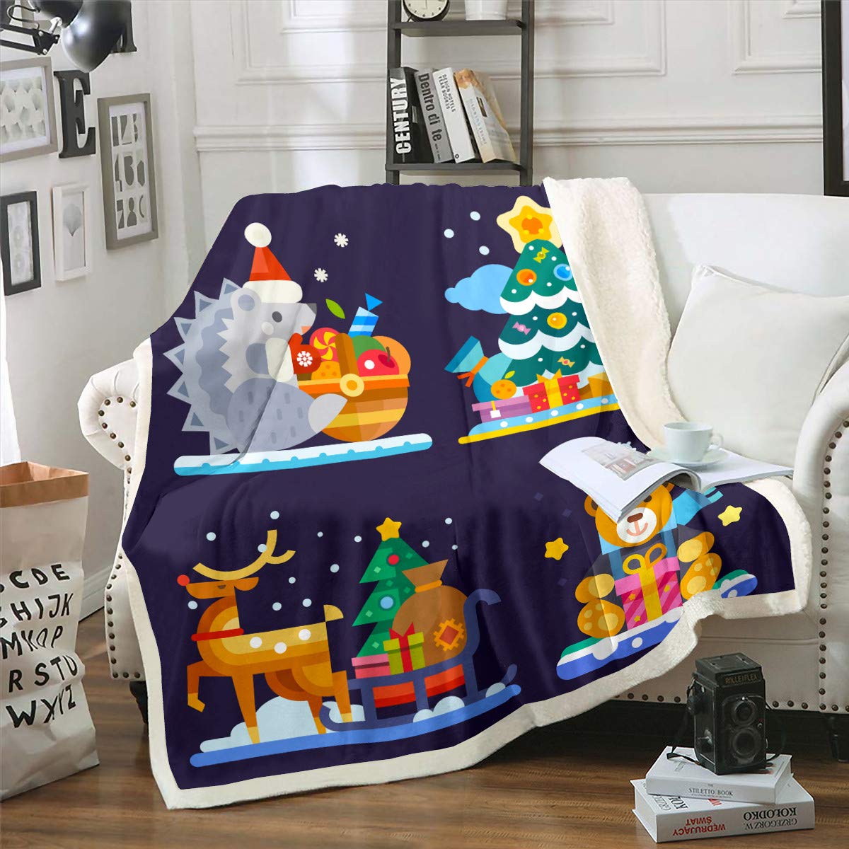 Christmas Elk Fleece Throw Blanket - Soft Plush Sherpa Blanket for Couch, Bed & Sofa - Xmas Bear & Tree Design - Cozy Winter Decor (90x90 Inches, Queen Size) - Perfect for Holiday Gifts, Living Room Decor & Winter Snuggling