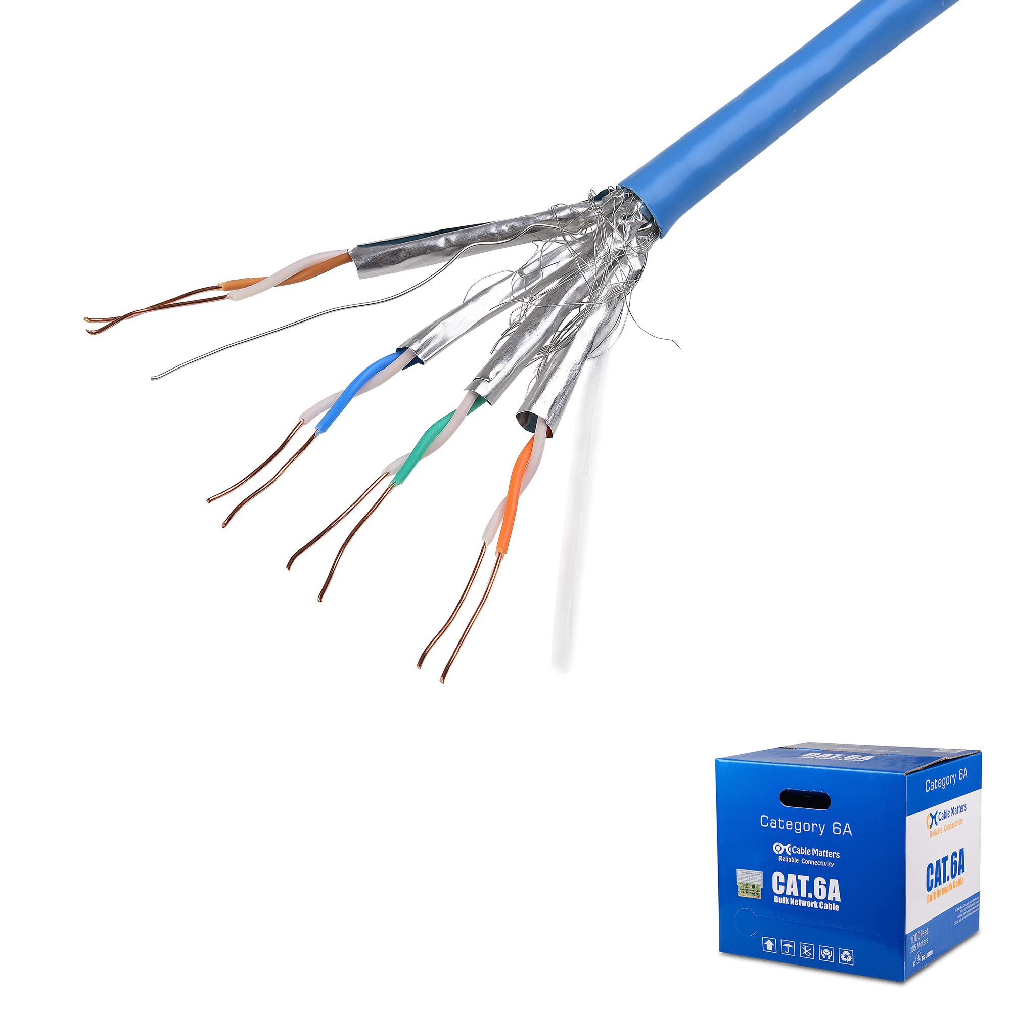 UL Listed Cable Matters 10Gbps In-Wall (CM) Rated 23AWG Bare Copper Shielded Cat6A Ethernet Cable - 1000ft Solid S/STP S/FTP Bulk Network Cable (Blue) for Home Office & Data Center High-Speed Networking
