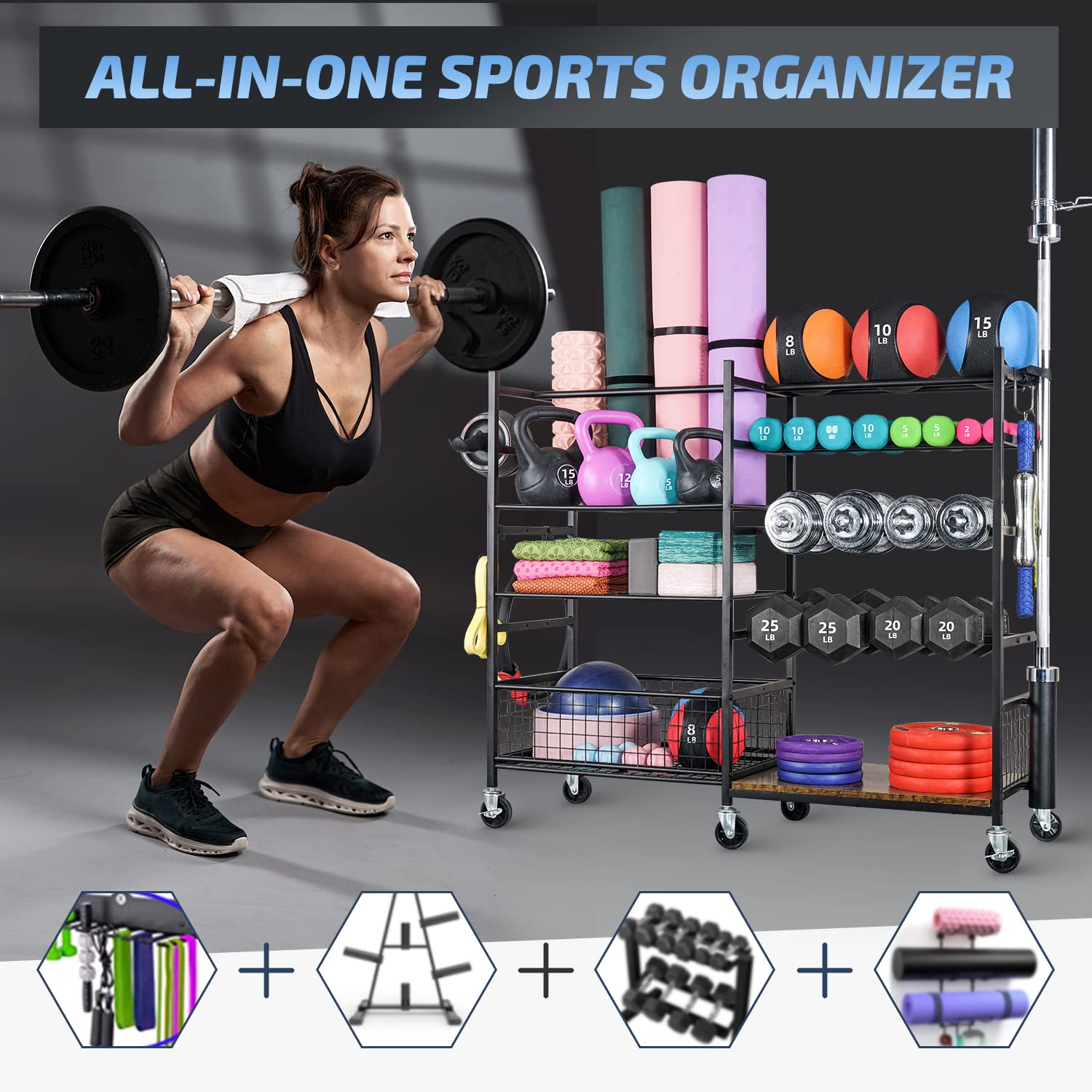 PLKOW Heavy Duty Dumbbell Rack with Wheels - All-in-One Home Gym Storage for Dumbbells, Kettlebells, Yoga Mats & Exercise Balls - Powder Coated Steel Weight Rack with Hooks - Perfect for Garage, Basement & Home Workout Spaces
