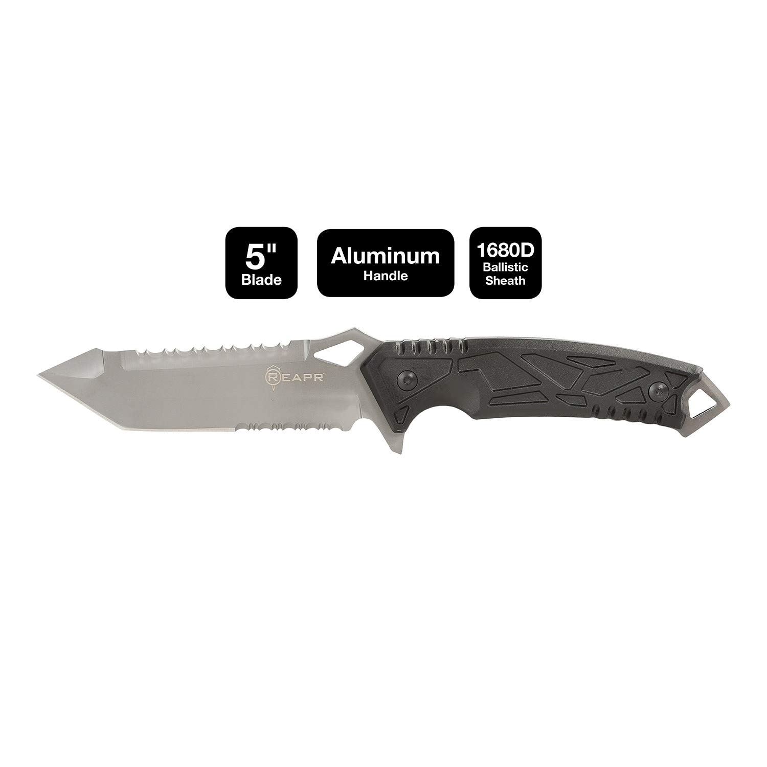 REAPR 11011 Javelin 5 Inch Full Tang Tactical Survival Knife with Sheath - Tanto Style Fixed Blade with Dual Serrated Edges for Camping, Hunting & Outdoor Adventures - Black Survival Gear for Bushcraft, Hiking & Emergency Preparedness