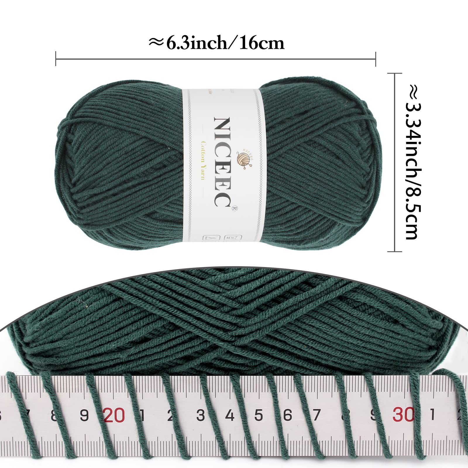 NICEEC 3-Pack Soft Cotton Blend Yarn for Knitting & Crochet - 5-Ply Baby Blanket Yarn (100g x 3, Total 660m/720yds) - Deep Green - Perfect for DIY Baby Blankets, Scarves & Craft Projects