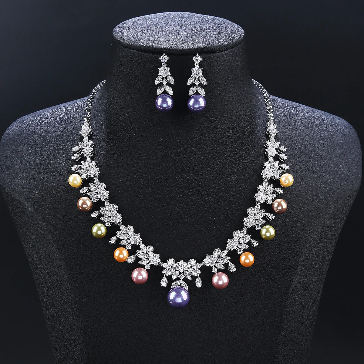 Elegant Cubic Zirconia Pearl Flower Necklace & Earrings Set for Women | Party Jewelry | Costume Accessories | Perfect for Weddings, Prom & Evening Events
