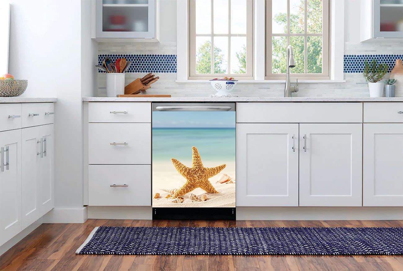 Beach Sea Shells & Starfish Magnetic Dishwasher Cover - Ocean-Themed Decorative Kitchen Panel Decal - Easy Installation & Update - Perfect for Coastal, Nautical & Beach House Decor