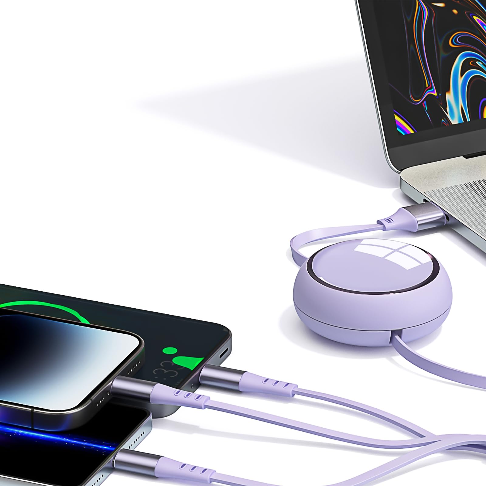 Enniew 3-in-1 Retractable USB Charging Cable with Lightning/Type-C/Micro USB Adapters - Compatible with iPhone 14/13/12/11/XR, Samsung Galaxy S25/S24/S23 - Fast Charging Cord for Home, Office & Travel (Purple)