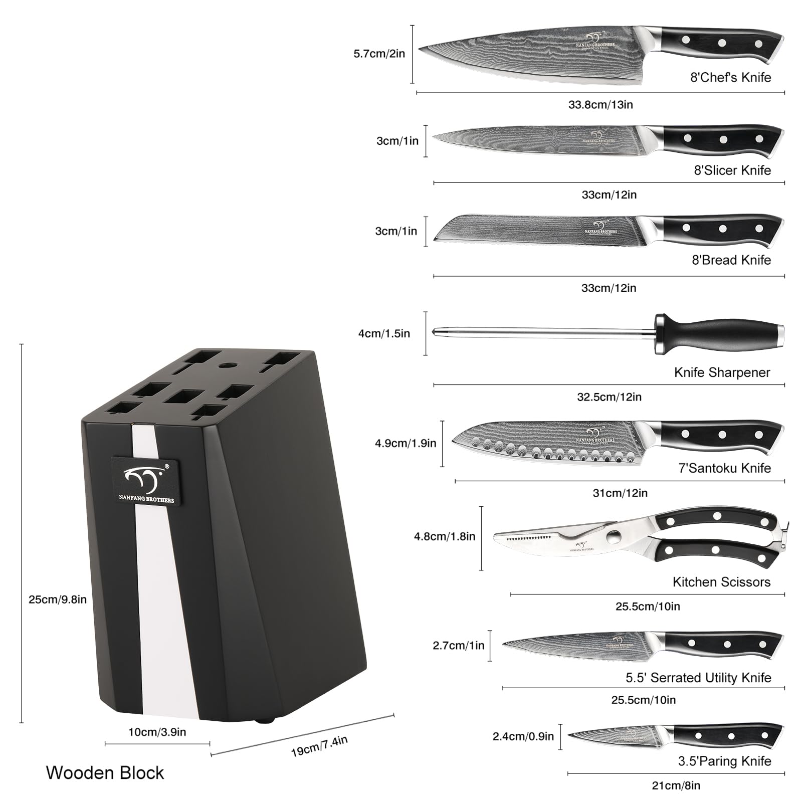 Premium 9-Piece Damascus Steel Knife Set with Block - Chef Knives, Sharpener & Kitchen Shears - Ergonomic ABS Handles for Comfort & Precision - Perfect for Home Chefs, Cooking Enthusiasts & Professional Kitchens