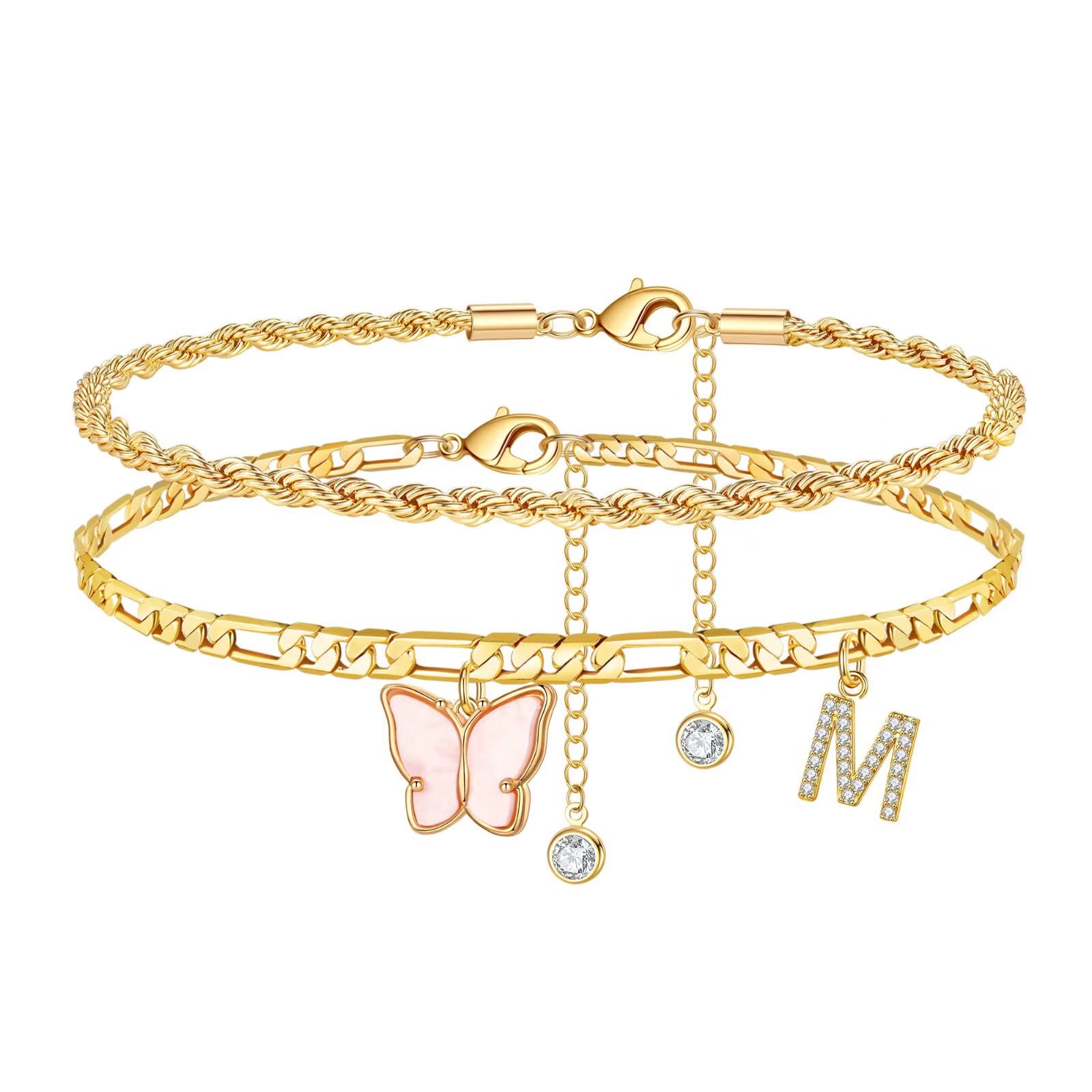 14K Gold Plated Butterfly Ankle Bracelet for Women - Initial Letter A-Z Layered Anklet, Dainty Foot Jewelry Gift for Teen Girls | Perfect for Beach, Summer & Everyday Wear