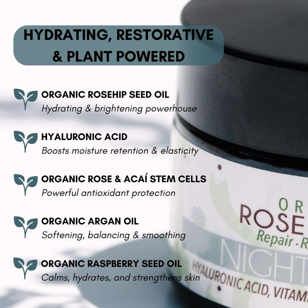 Organic Rose Phyto³ Night Cream with Hyaluronic Acid - Anti-Aging Face Moisturizer for Women - Wrinkle Cream with Rose Water, Vitamin C & E, and Acaí Stem Cells (2 fl. Oz) | Hydrating Night Treatment for Dry Skin, Perfect for Evening Skincare Routine & Anti-Wrinkle Care