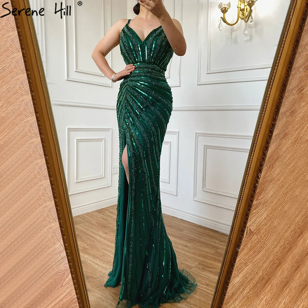 Elegant Beaded Green Spaghetti Strap Mermaid Evening Gown with High Slit for Women - 2025 Formal Party Dress LA71235 | Perfect for Prom, Wedding Guest & Cocktail Events