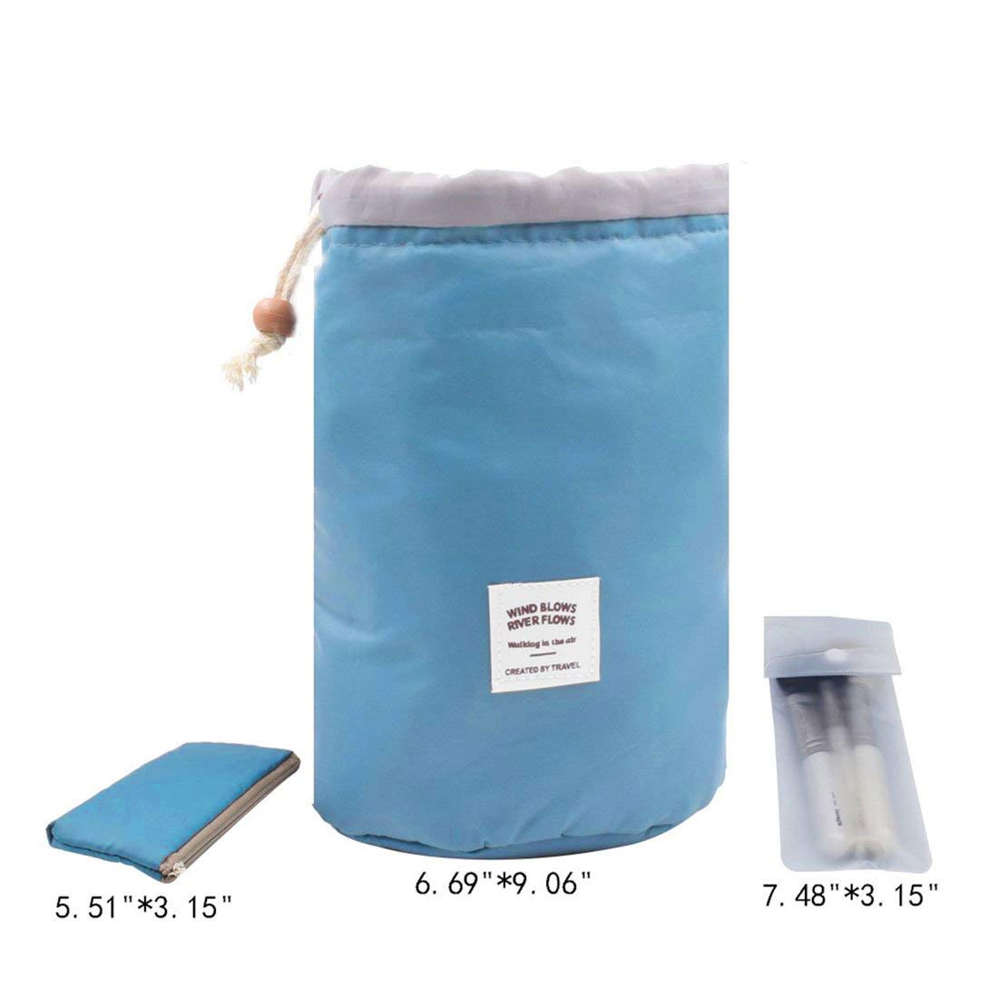 INVODA Large Capacity Waterproof Travel Makeup Bag for Women - Soft Barrel Shaped Cosmetic Organizer with Drawstring, Multifunctional Toiletry Bucket Bag (Blue) - Perfect for Airplane, Gym, Beach & Daily Essentials Storage
