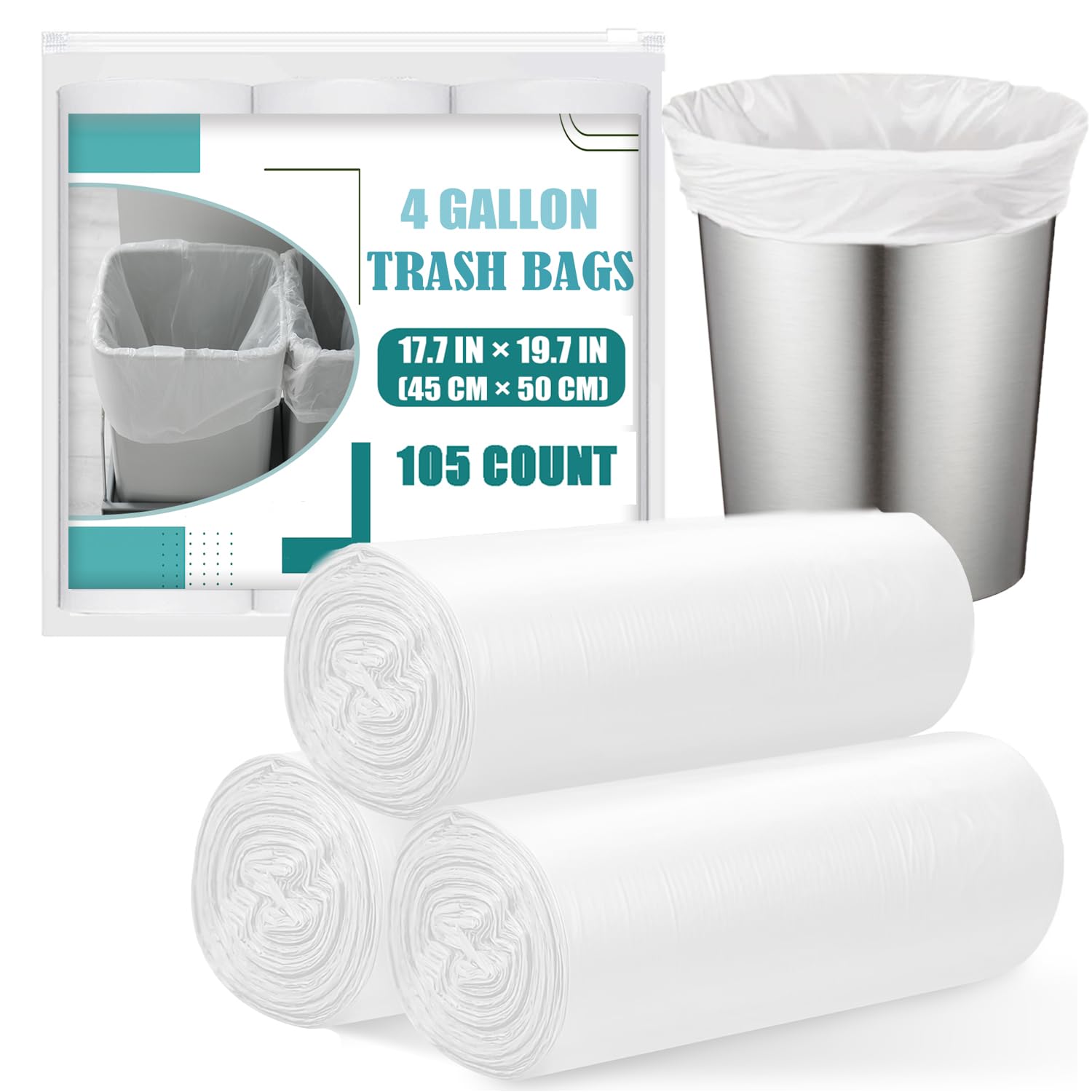 4 Gallon Small Trash Bags - 105 Count Unscented Bathroom Garbage Can Liners | Perfect for Bathrooms, Offices, Dorm Rooms & Small Waste Baskets | White 4 Gal Trash Bags for Daily Use