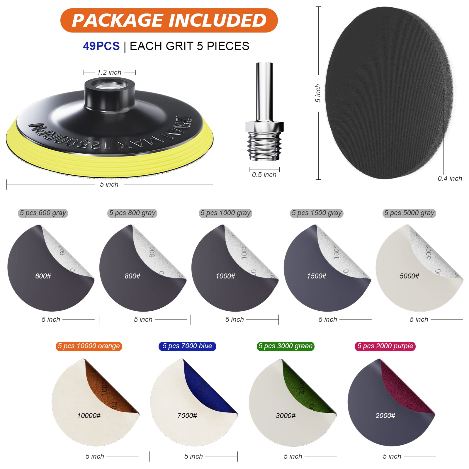 TOOVEM 49PCS 5 Inch Wet Dry Sanding Discs Kit with Hook and Loop Backing Pad - 600 to 10000 Grits Sandpaper for Wood, Metal & Car Polishing - Angle Grinder & 5/8-11 Drill Attachments - Perfect for DIY Projects, Auto Detailing & Furniture Refinishing