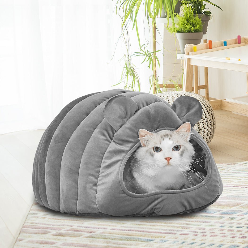 Cozy Grey Cat Cave Bed - Soft Round Igloo Pet Nest for Indoor Cats - Perfect for Napping, Sleeping & Relaxing in Home or Office