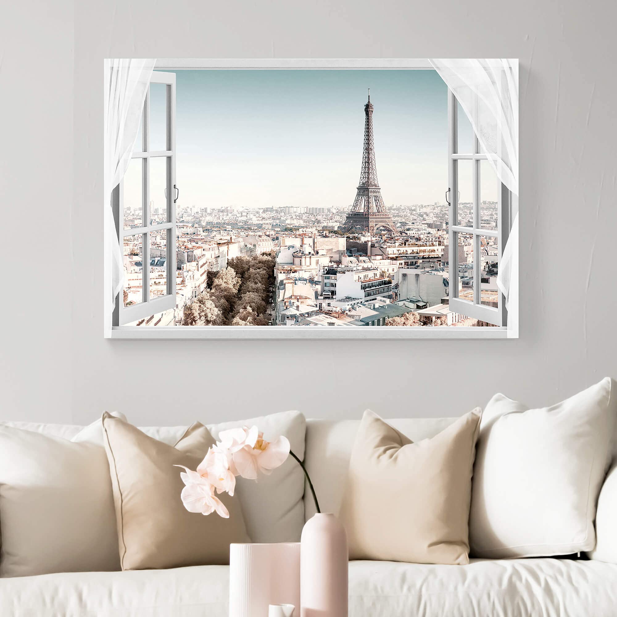 WALLSUP DECOR Paris Cityscape Canvas Wall Art - Modern Eiffel Tower Window View Painting, Large Fake Window Print for Living Room Decor, Bedroom & Office | Perfect Gift for Home Interior Design