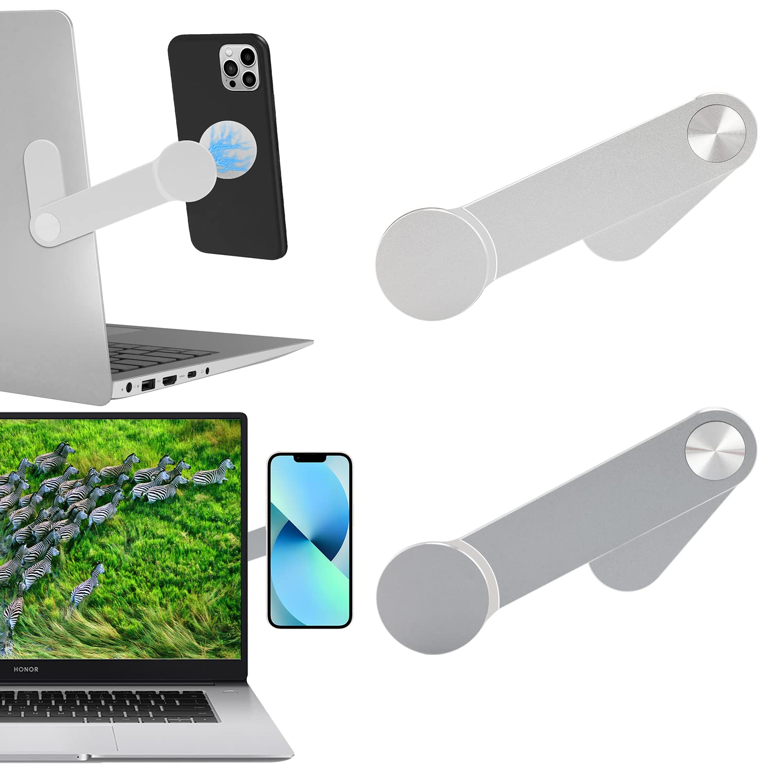 Grathia 2 Pack Magnetic Phone Holder for Laptop - Adjustable Foldable Cell Phone Stand, Portable Mobile Phone Mount with Side Clip - Perfect for Work, Study, Video Calls & Multi-Tasking (Silver + Grey)
