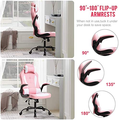 Ergonomic Gaming Chair with Lumbar Support & Massage Function - Adjustable Racing Office Chair with Flip-Up Arms & Headrest - Heavy Duty Pink Computer Desk Chair for Home & Gaming Setup