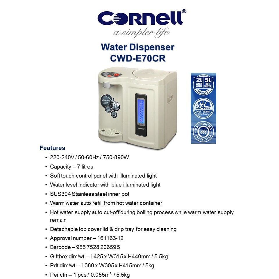 Cornell 7L Hot & Cold Water Dispenser CWDE70CR - Instant Hot & Cold Water for Home, Office, and Kitchen Use