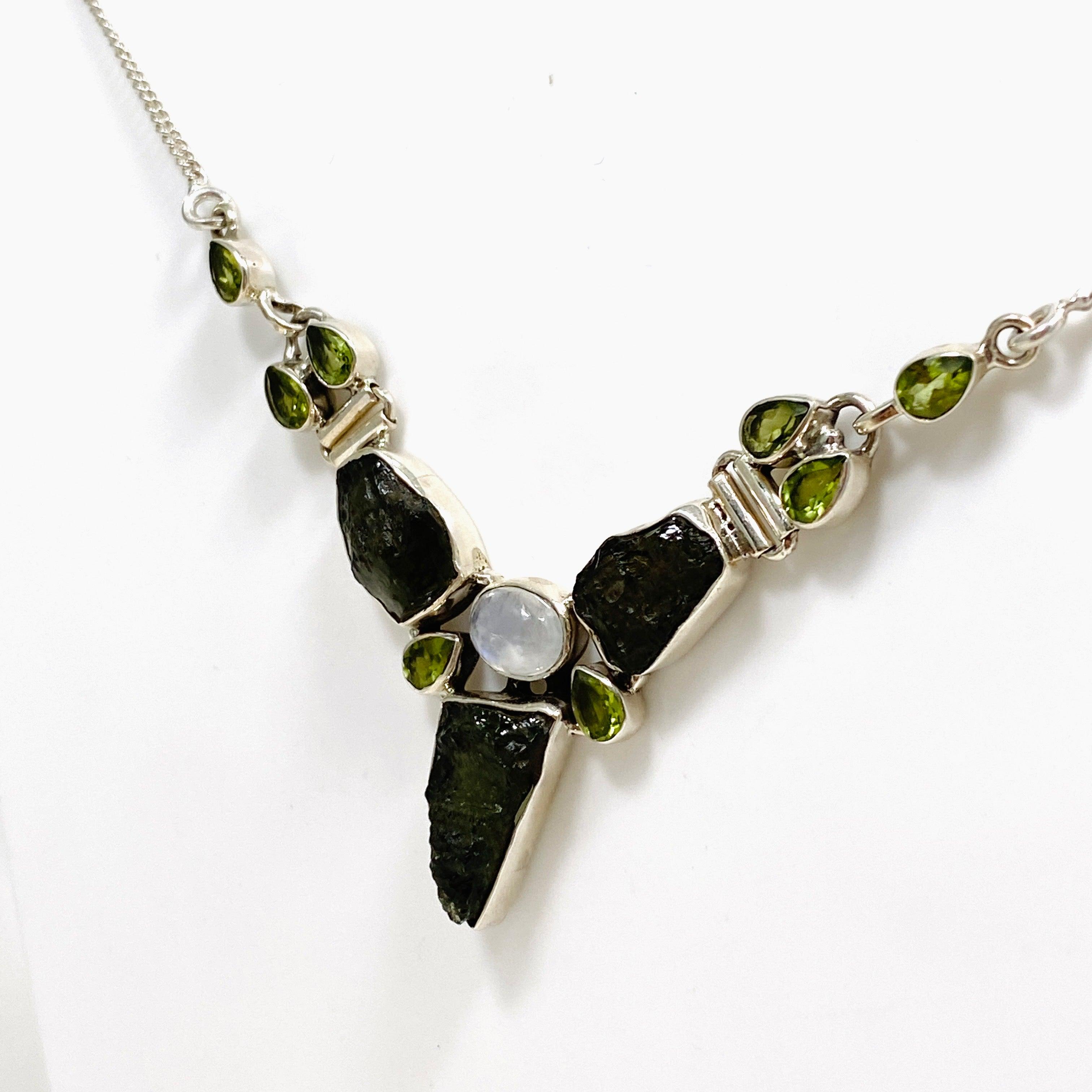 Natural Moldavite Moonstone Peridot Pendant Necklace - Elegant Healing Crystal Jewelry for Women - Perfect for Meditation, Spiritual Healing & Energy Balancing
