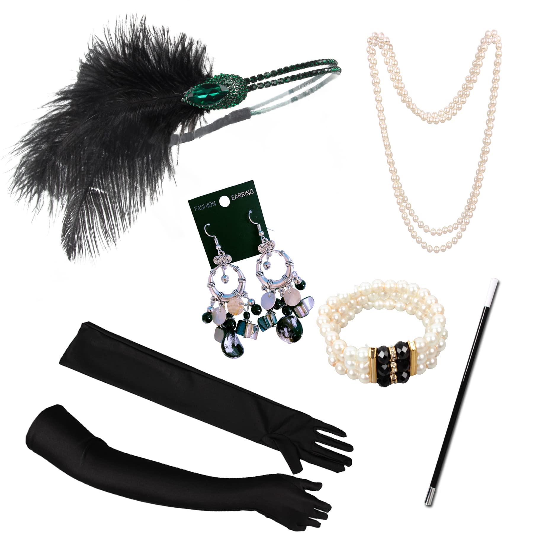 Vintage 1920s Flapper Accessories for Women - Roaring 20s Gatsby Headband, Black Beaded Necklace & Art Deco Jewelry Set - Perfect for Themed Parties, Halloween Costumes & Great Gatsby Events