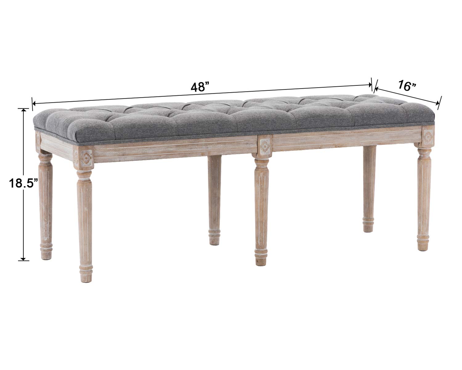 Kmax Upholstered Dining Room Bench - Rustic Living Room Ottoman with Carved Wooden Legs & Gray Fabric - Perfect for Farmhouse Dining Sets, Entryway Seating and Bedroom Footrest