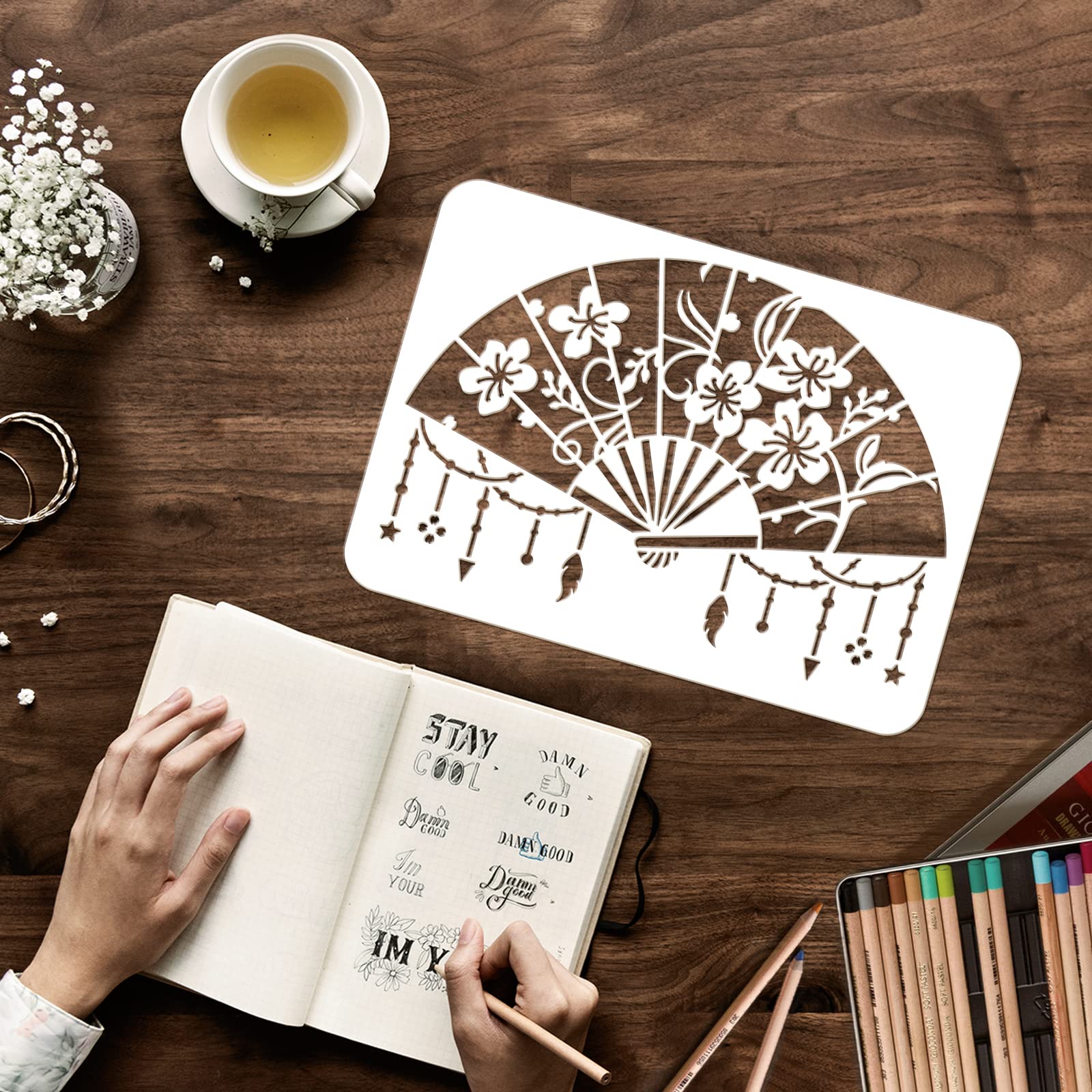 FINGERINSPIRE Cherry Blossom Fan Stencil 11.7x8.3 Inch - Reusable Chinese Classical Painting Template for Wood, Tile, Paper, Fabric & Floor - Perfect for DIY Home Decor, Wall Art, and Craft Projects