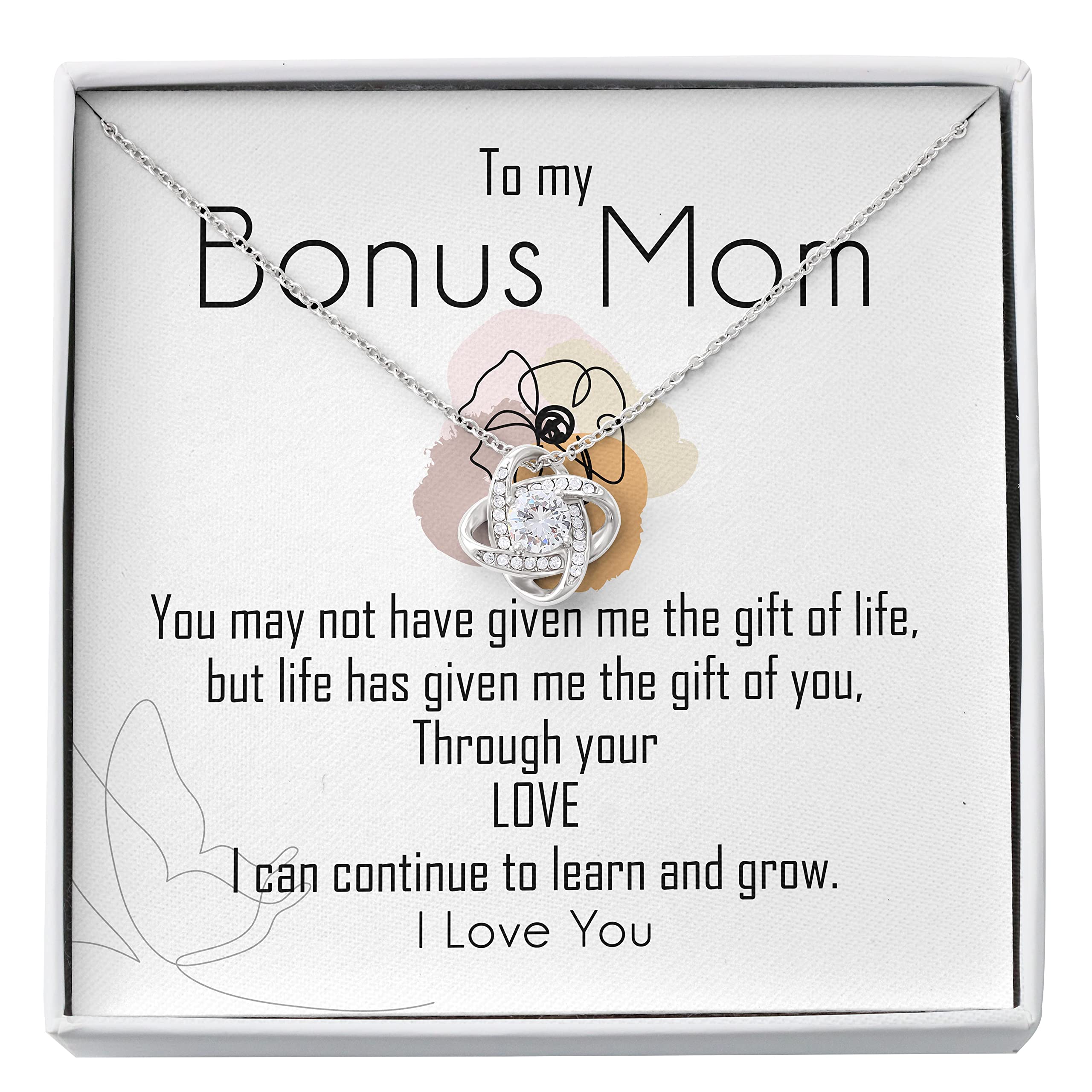 Puperful 'To My Bonus Mom' Love Knot Necklace - Sterling Silver Step Mom Gift with Engraved Message Card & Gift Box | Thoughtful Present for Stepmothers, Mother's Day, Birthday & Special Occasions