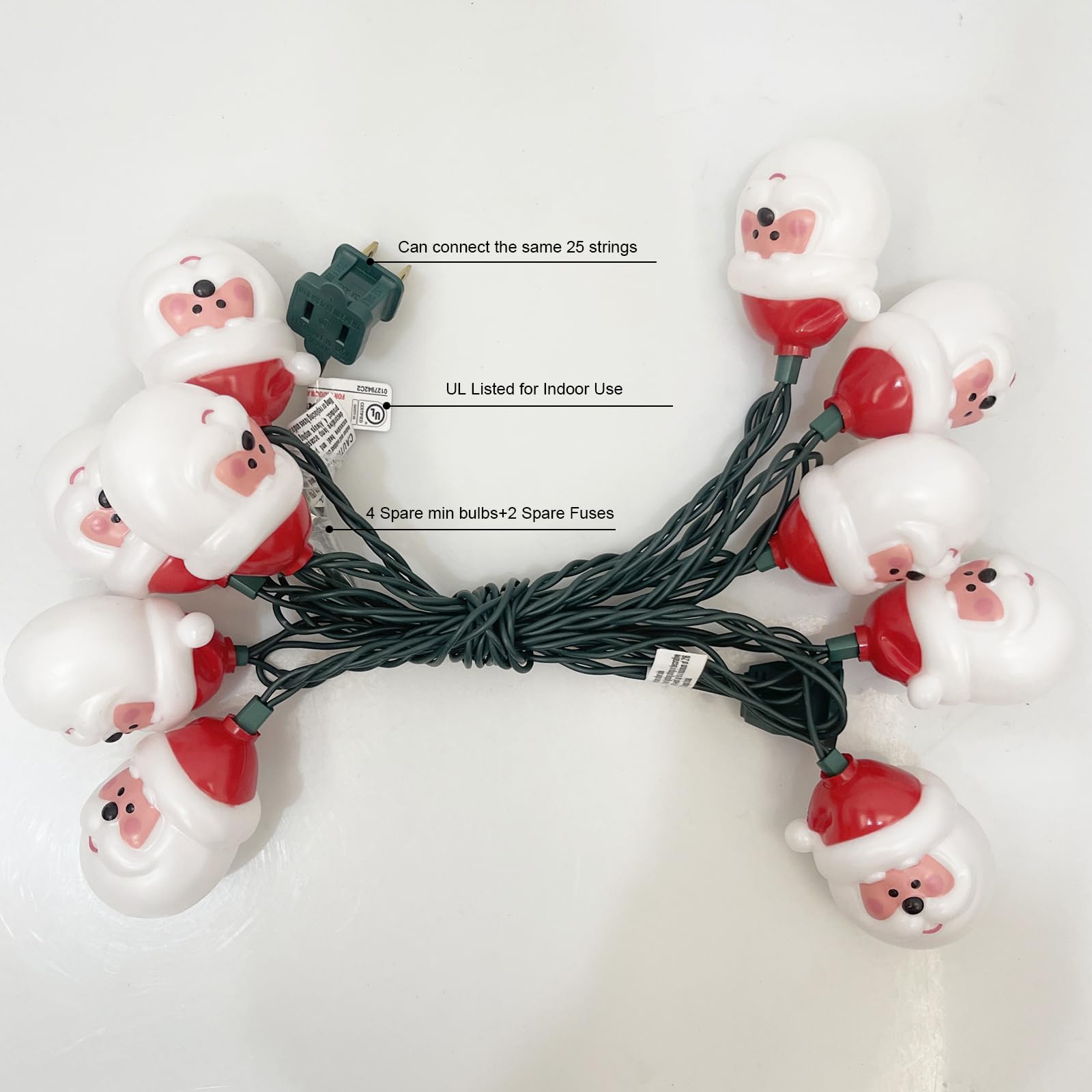 SUNSGNE 8.5FT Christmas Santa Claus String Lights - 10 Cute Cartoon Santa Head LED Lights with Green Wire, Connectable Indoor Holiday Decor for Home, Party, Xmas Tree, Fireplace & Window Decoration