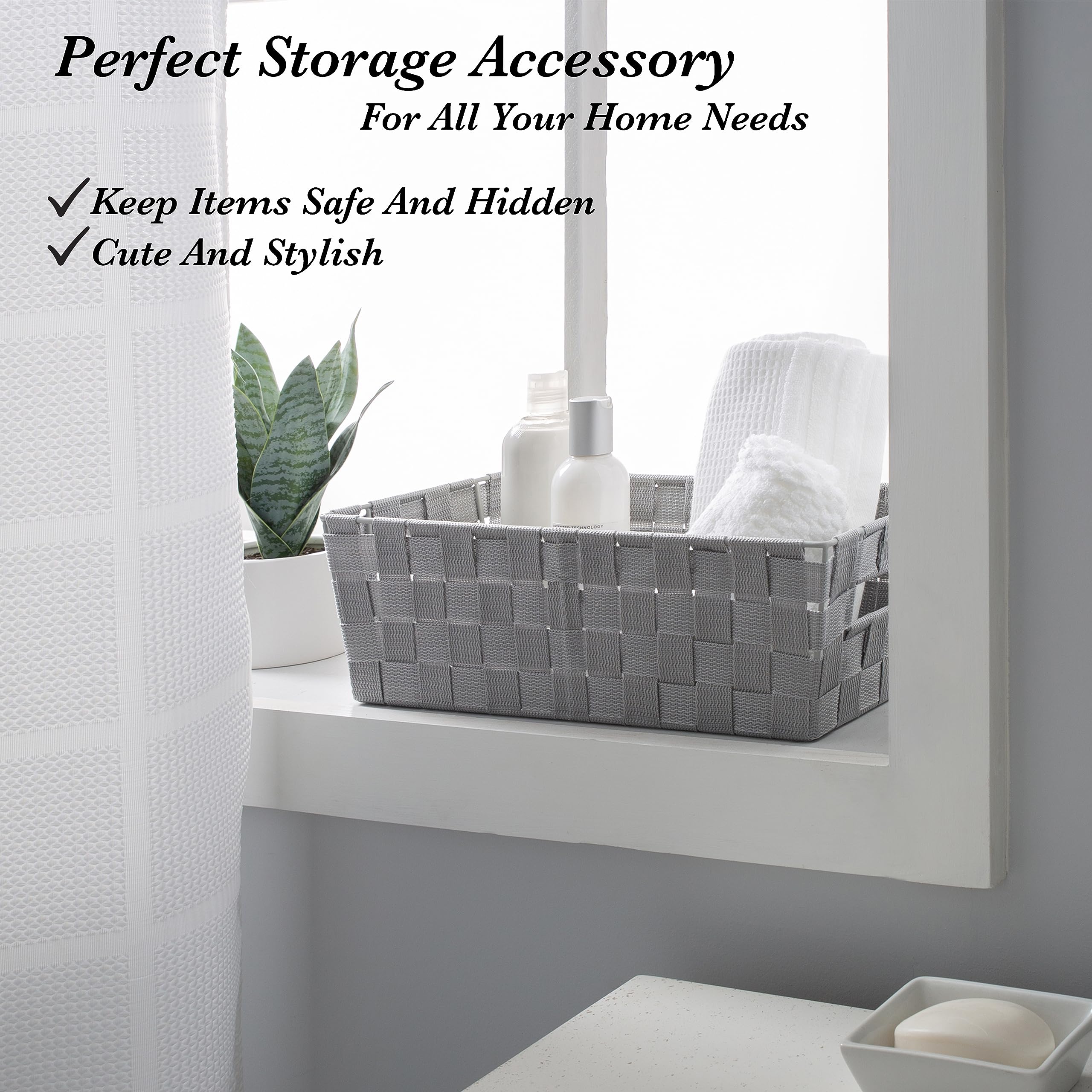 Extra Long Woven Strap Storage Tote Basket with Built-in Handles - Perfect for Bedroom, Bathroom, Nursery Organization - Ideal for Toys, Accessories & Gift Storage - 1 Pack Heather Grey - Home Decor & Closet Organizer Solution