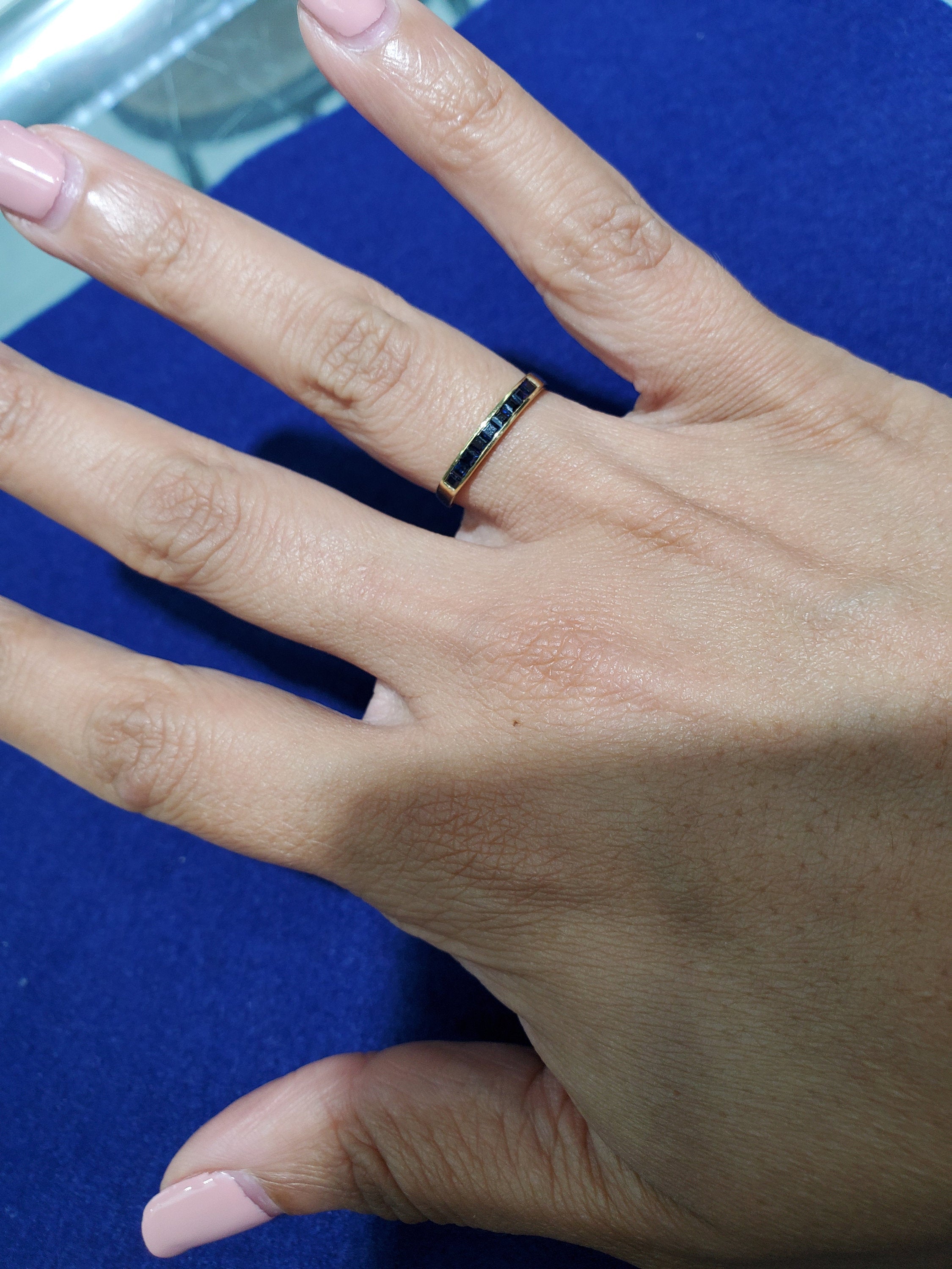 14K Yellow Gold Square Cut Sapphire Band Ring - Elegant Jewelry for Women, Perfect for Weddings, Anniversaries & Special Occasions