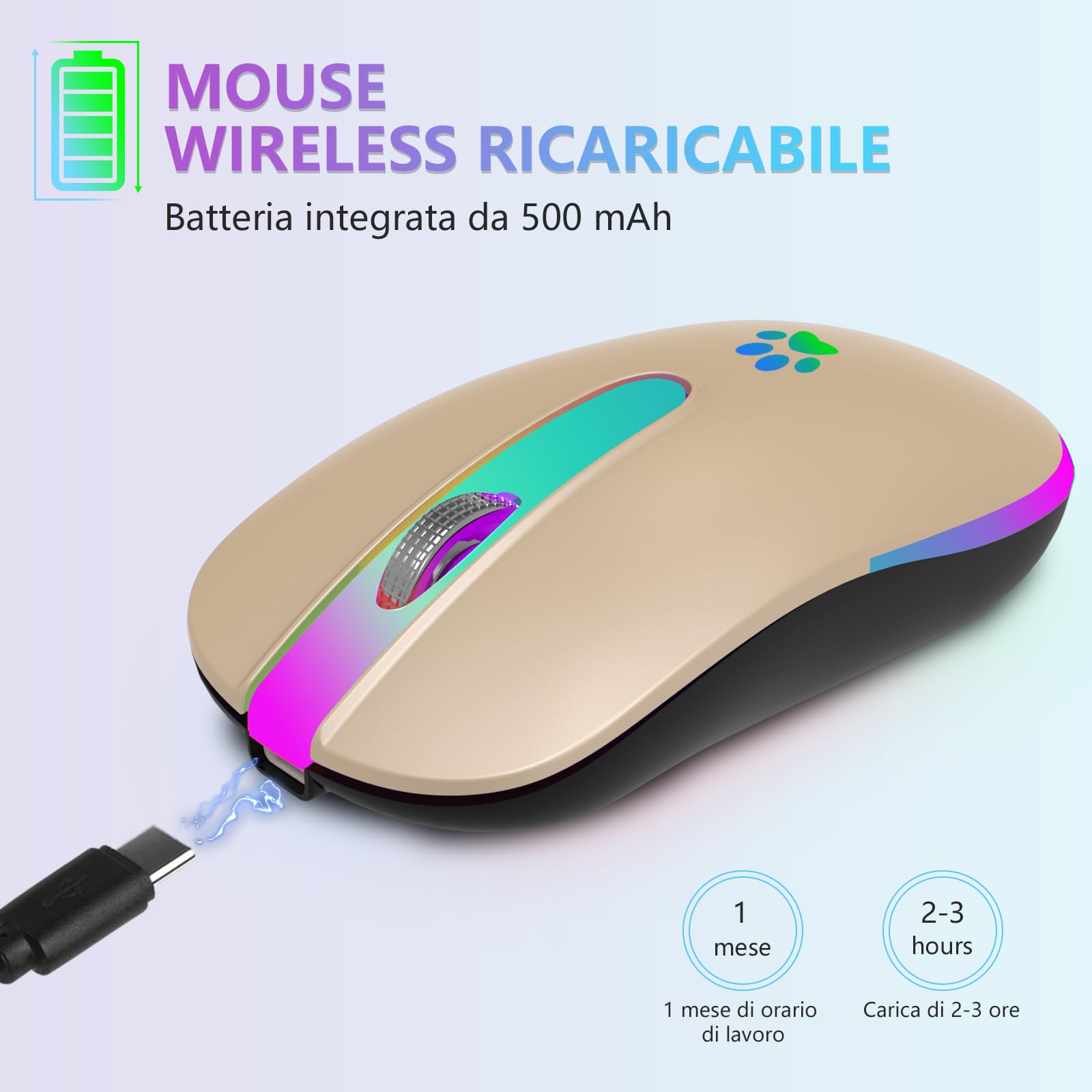 Rechargeable Wireless Gaming Mouse with Bluetooth & 2.4GHz USB Receiver, 7 RGB Colors for PC, Laptop, Mac, Notebook - Compatible with Windows & Android - Perfect for Gaming, Office Work & Travel