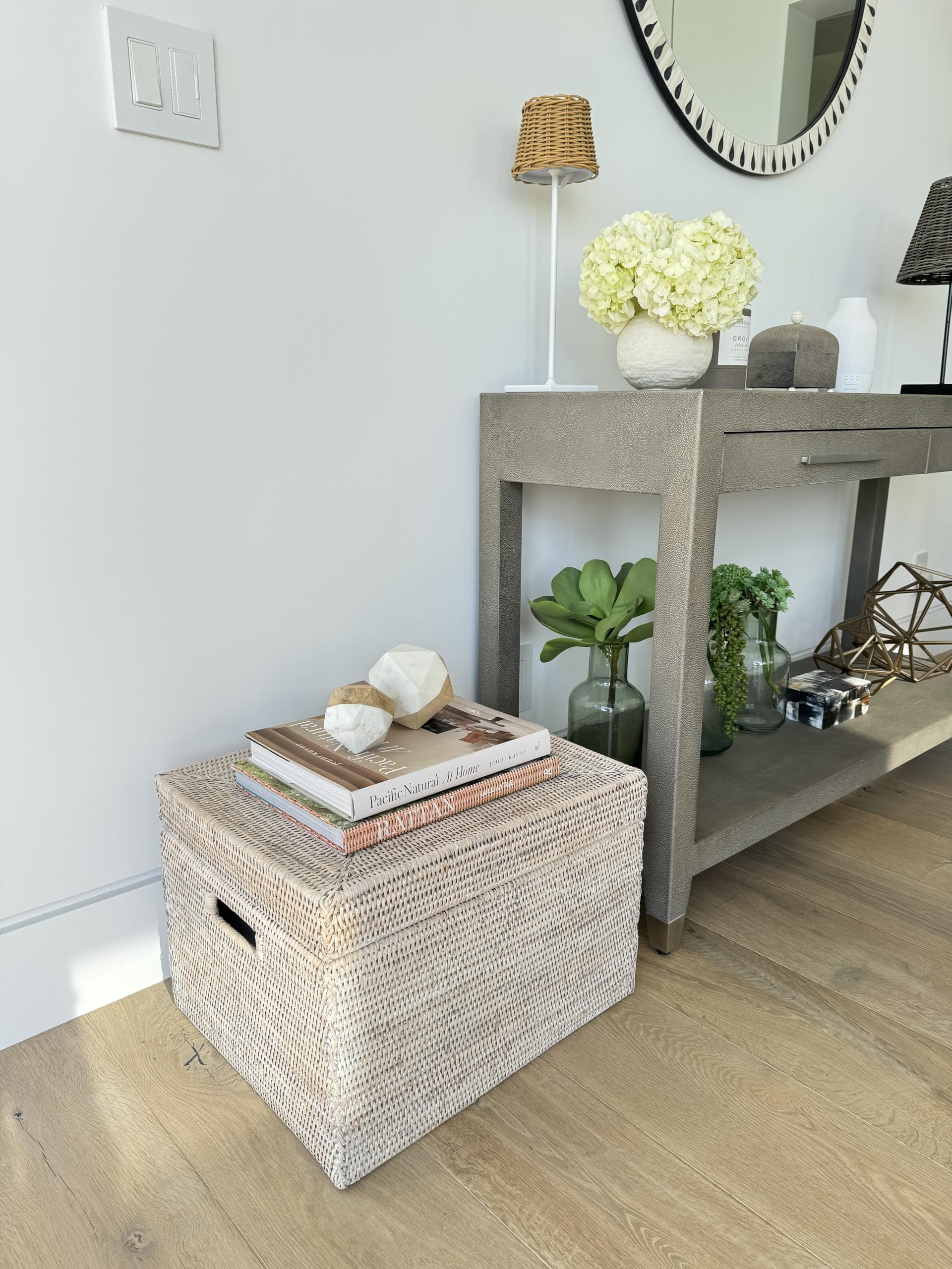Kouboo La Jolla Rattan Storage Basket with Lid - Whitewashed Wicker Organizer for Toys, Laundry, Kitchen & Living Room | Decorative Home Storage Solution for Bedroom, Bathroom and Office Organization
