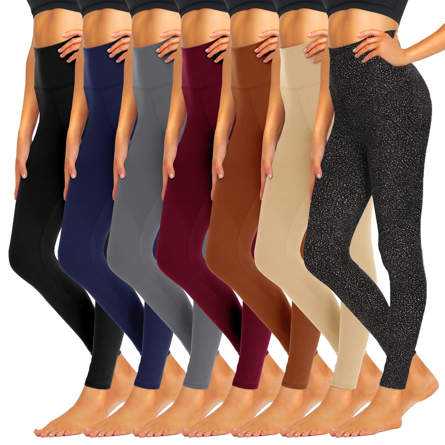iceROSE 7 Pack Women's High Waisted Tummy Control Yoga Pants - Soft Black Workout Leggings for Running, Maternity & Everyday Wear | Perfect for Gym, Lounge & Travel