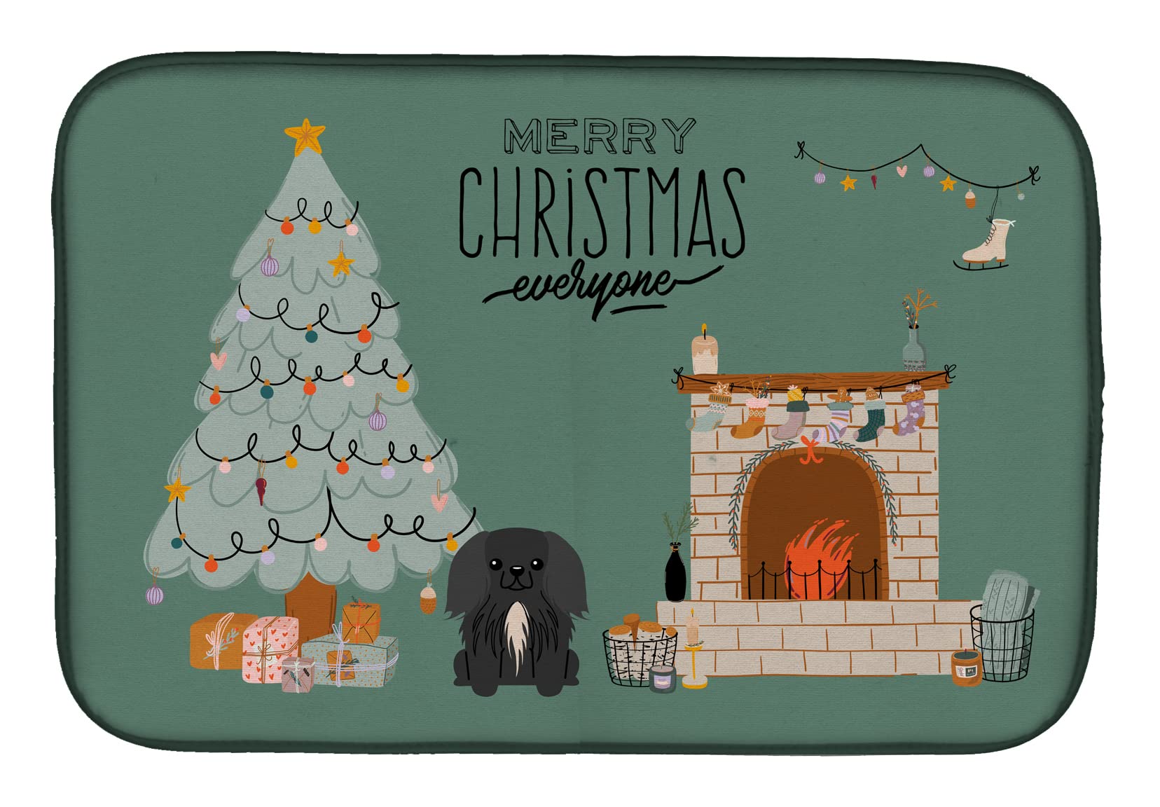 Black Pekingese Christmas Dish Drying Mat - Absorbent Kitchen Counter Pad for Holiday Decor