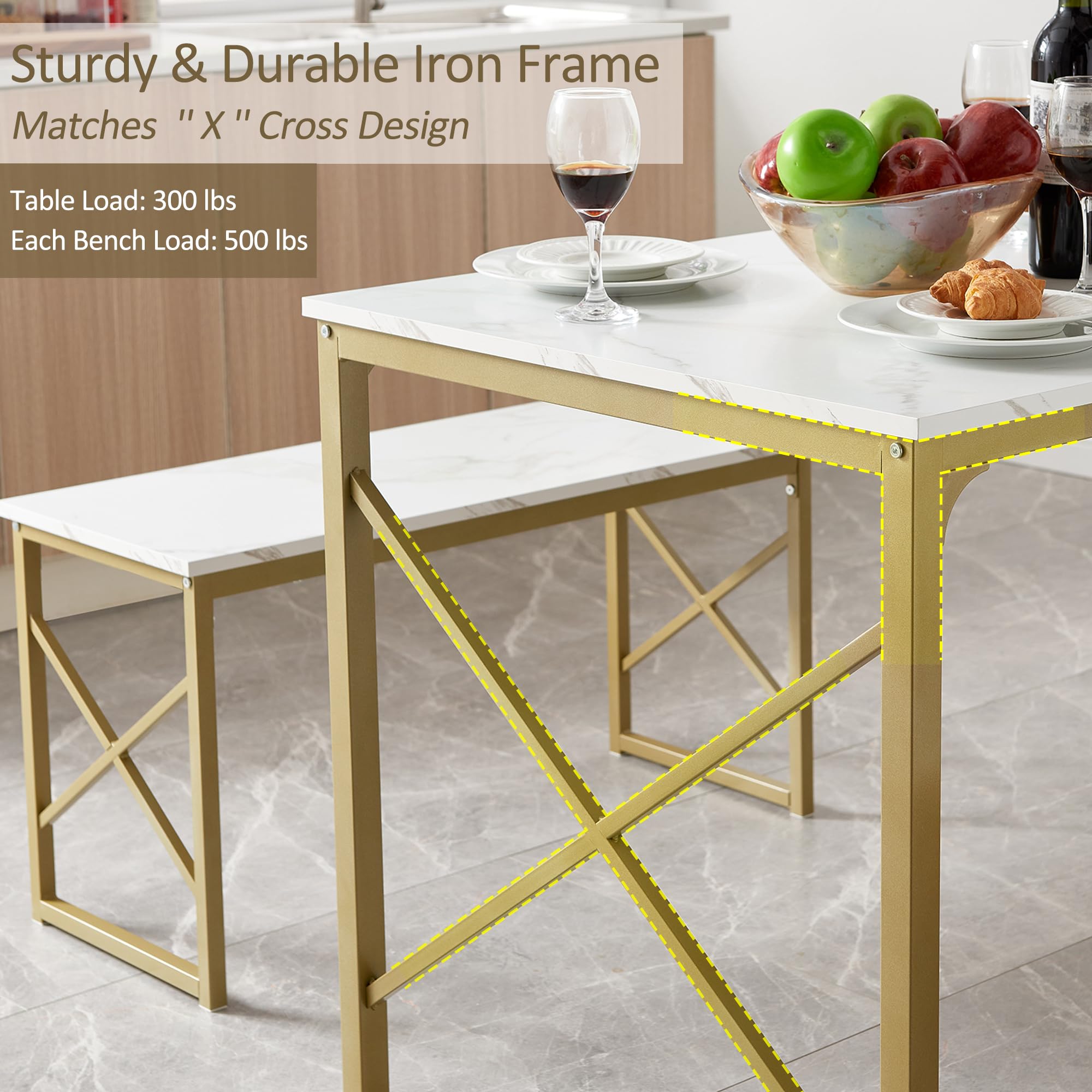 VECELO 4-Person Wooden Kitchen Table Set with 2 Benches - Metal Frame Dining Room Furniture for Small Spaces | Perfect for Breakfast Nook, Apartment Dining & Compact Homes