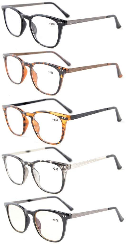 Eyekepper 5-Pack Retro Square Plastic Frame Metal Arms Reading Glasses - Blue Light Blocking Computer Glasses for Office, Reading & Screen Use