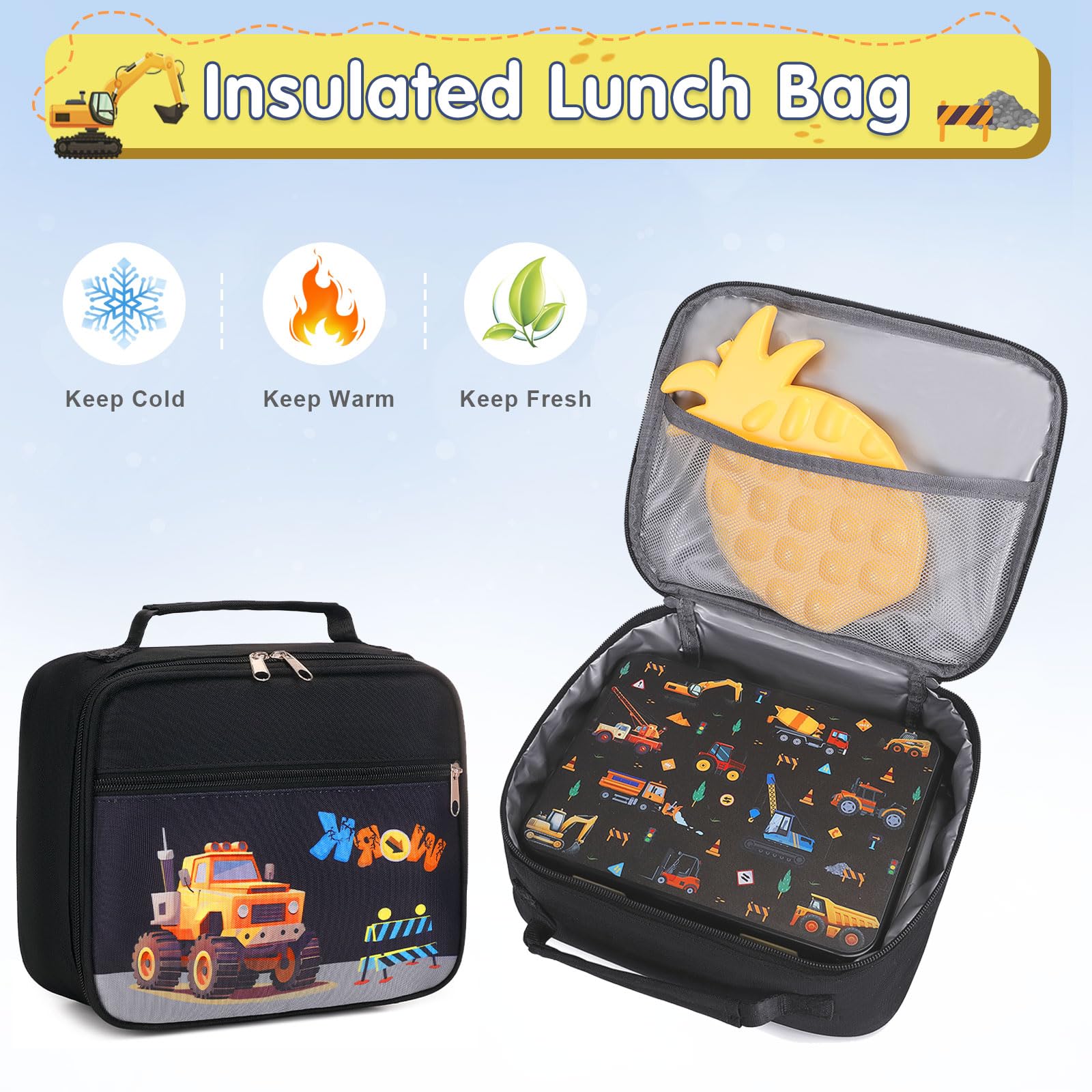 **Kids Insulated Lunch Box Backpack with 6 Leakproof Compartments & Removable Tray - Car-Themed Bento Box, Pencil Case & Utensils Set for Boys & Girls - Perfect for School, Picnics & Travel**