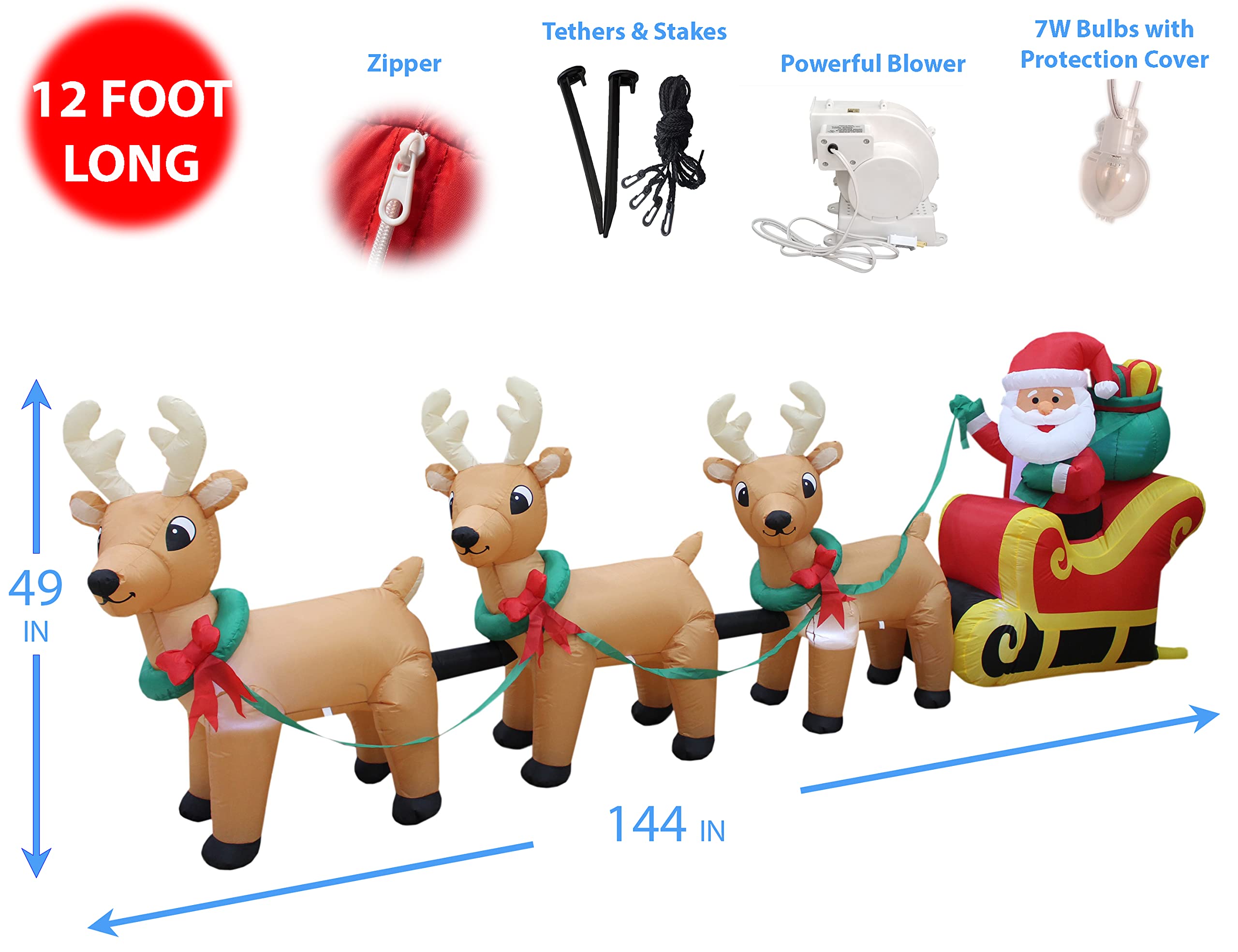 6ft Christmas Inflatable Dinosaur with Hat & 12ft Santa Sleigh with Reindeer - Giant Outdoor Holiday Decorations for Yard, Party, Xmas Decoration (2-Piece Set)