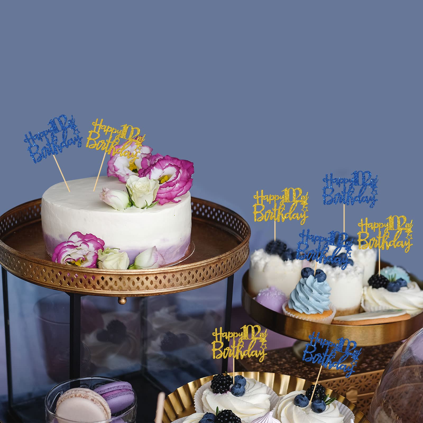 102nd Birthday Cupcake Toppers for Women & Men - 24 PCS Blue & Gold Glitter Cake Decorations - 102 Years Old Party Supplies - Perfect for Milestone Celebrations, Retirement Parties & Anniversary Events